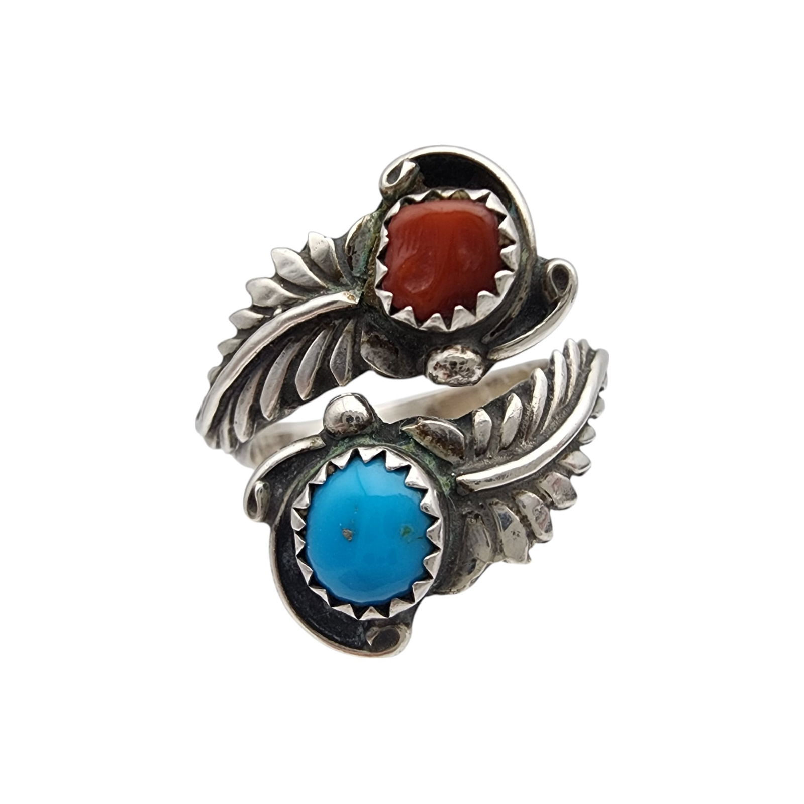 Richard Begay Navajo Sterling Turquoise Coral Bypass Ring (1 of 6)