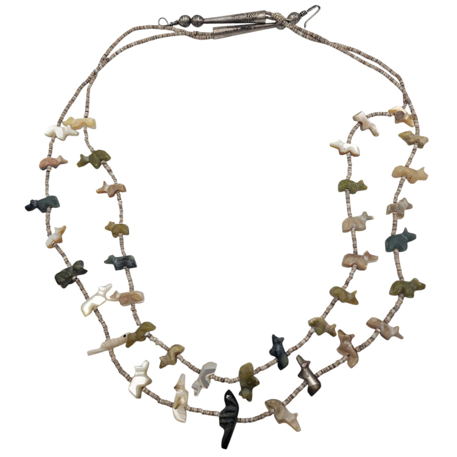 Vintage Southwest Sterling Multistone Fetish Necklace: Vintage Southwest Sterling Multistone (Shell, Serpentine, Agate, etc.) Fetish Necklace | 38g | Cones are handstamped, see photos - string is showing from cones, both strings appear secure and wearable