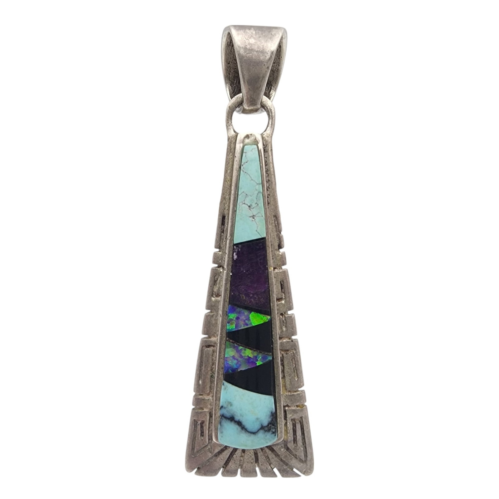 Calvin Begay Navajo Sterling Multistone Pendant: Calvin Begay Navajo Sterling Multistone (Turquoise, jet, sugilite, opal) Pendant | 5.6g