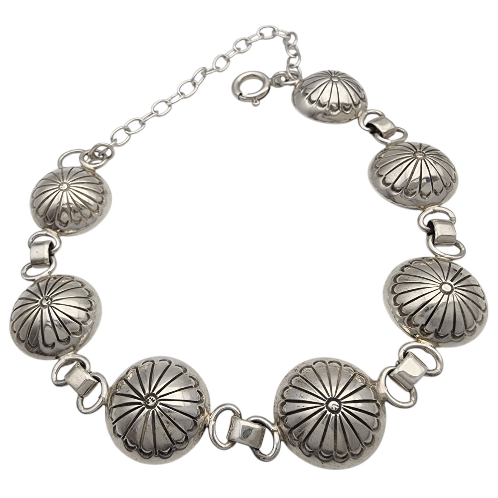 Marie Yazzie Navajo Sterling Stamped Dome Link Bracelet: Marie Yazzie Navajo Sterling Hand Stamped Dome Link Bracelet | 15.8g | Notes - adjustable length - comes with an extra link that you can attach to make the bracelet bigger.