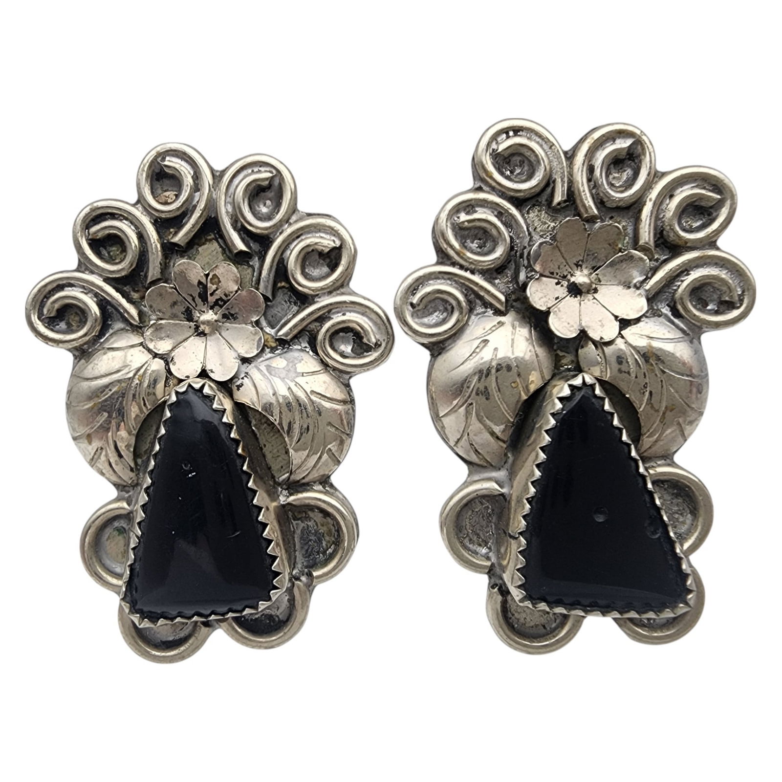 Vintage Navajo Sterling Onyx Earrings: Large Vintage Navajo Sterling Jet Earrings | 15.8g