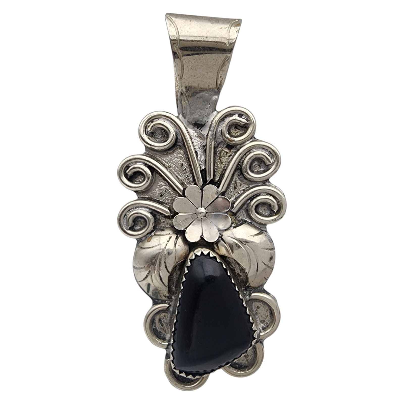 Signed Navajo Sterling Onyx Pendant: Large Signed 'Raul'? Navajo Sterling Jet Pendant | 10.3g | Notes: stone has a little bit of rattle in the setting but is secure, intact