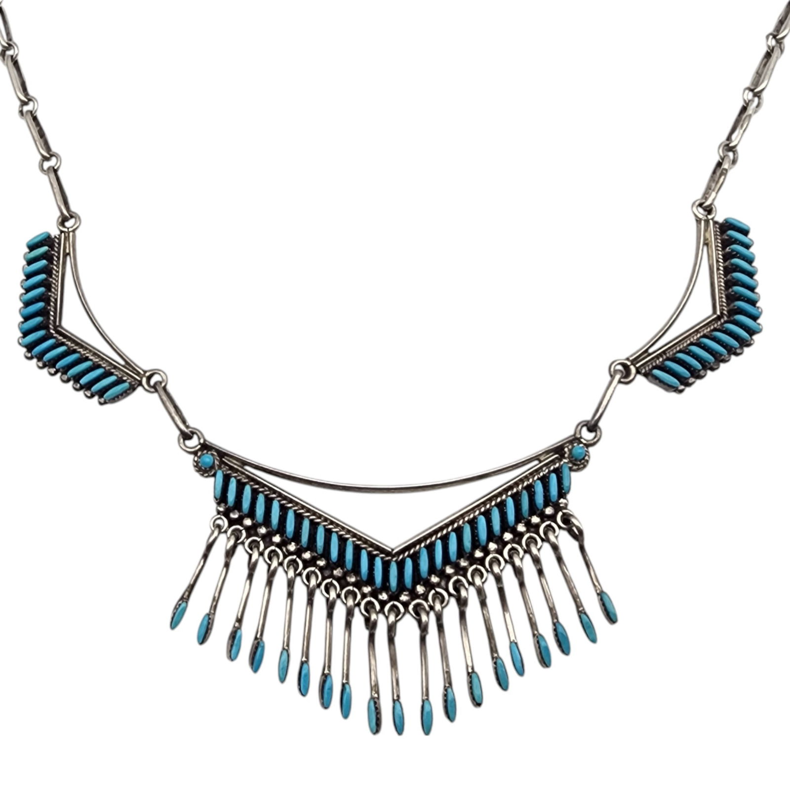 Mildred Nelson Ukestine Zuni Sterling Turquoise Needlepoint Necklace: Amazing Mildred Nelson Ukestine Zuni Sterling Turquoise Needlepoint Necklace | 19.9g