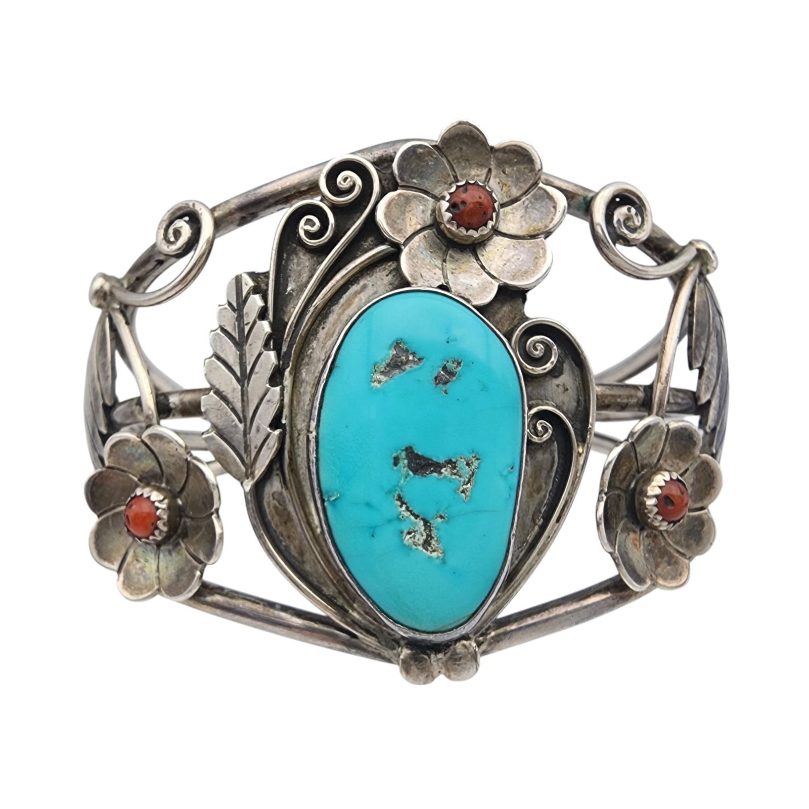 Signed Navajo Sterling Turquoise Coral Cuff Bracelet: Gorgeous Signed (NC/CN or NO/ON? - signature not fully visible) Navajo Sterling Turquoise Coral Flower Cuff Bracelet | 44g