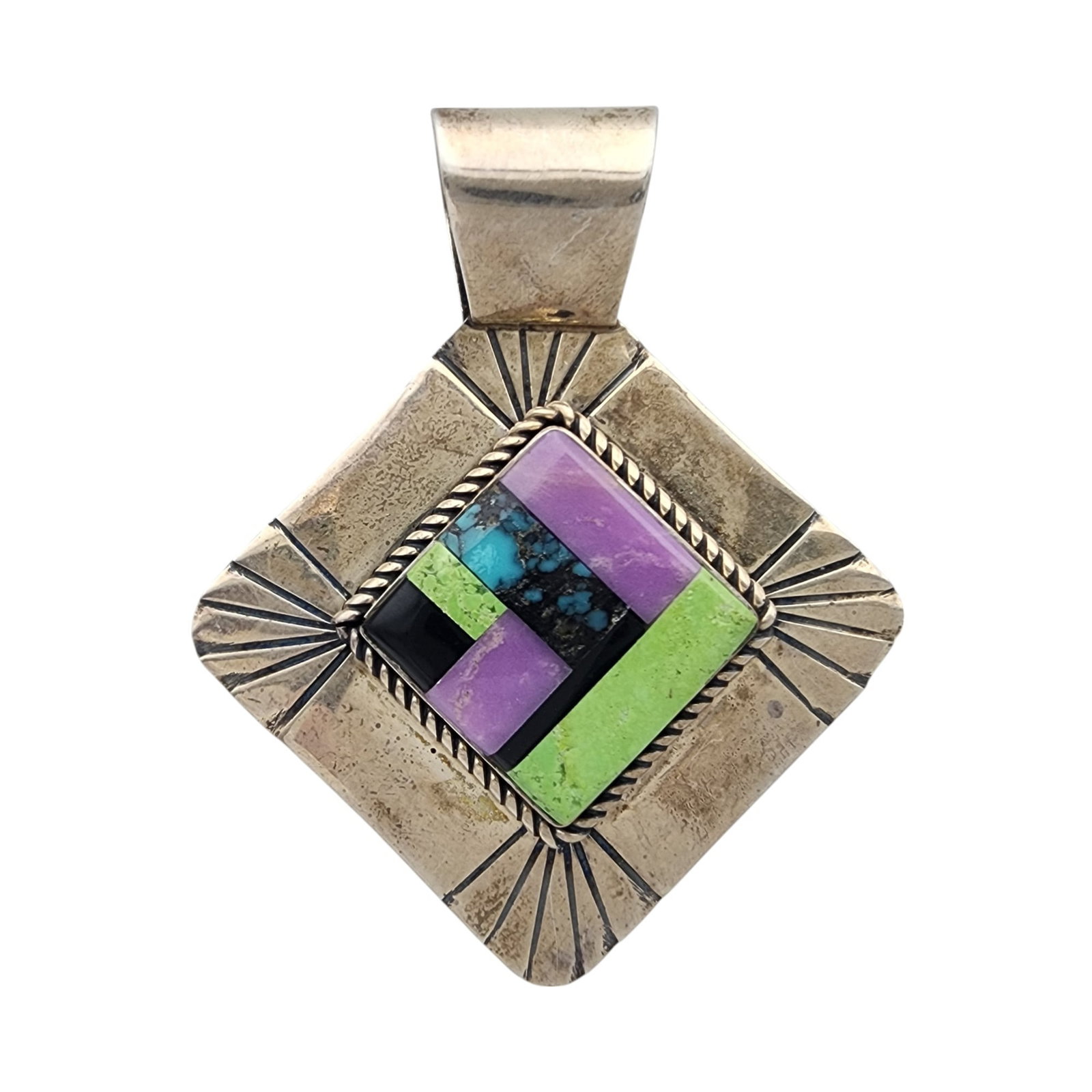 Navajo Sterling Multistone Inlay Pendant: Navajo Sterling Multistone (Turquoise, Gaspeite, Jet, Charoite/Sugilite?) Inlay Pendant 5.7g