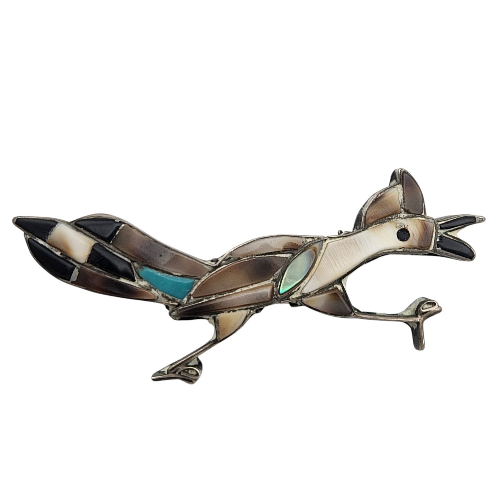 Signed Zuni Sterling Multistone Inlay Roadrunner Brooch: Signed ZAE Zuni Sterling Multistone (Turquoise, Cowrie Shell, Jet, Abalone, etc.) Inlay Roadrunner Brooch | 5.4g