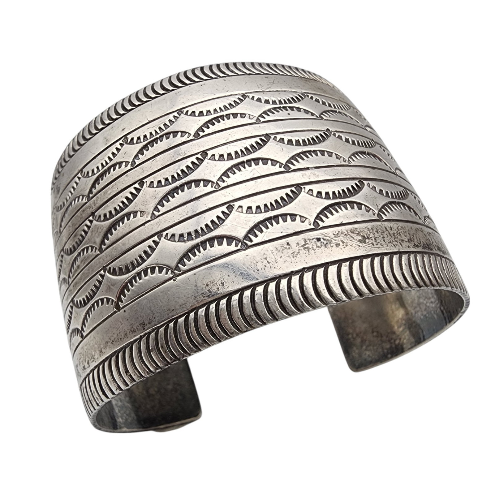 Vintage Navajo Sterling Stamped Wide Cuff Bracelet: Vintage Navajo Sterling Stamped Wide Cuff Bracelet | 55.9g
