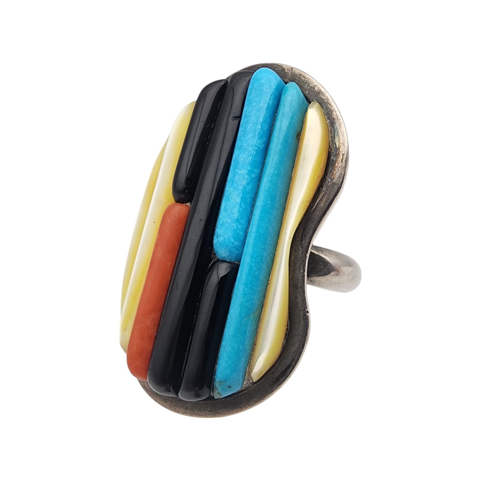 Signed Navajo Sterling Cobblestone Inlay Ring Sz 7.5: Big! Signed McKenzie Navajo Sterling Multistone (Turquoise, Coral, Shell, Jet) Cobblestone Inlay Ring Sz 7.5 | 14.6g | Notes: Ring band is cut/open - has slight adjustability