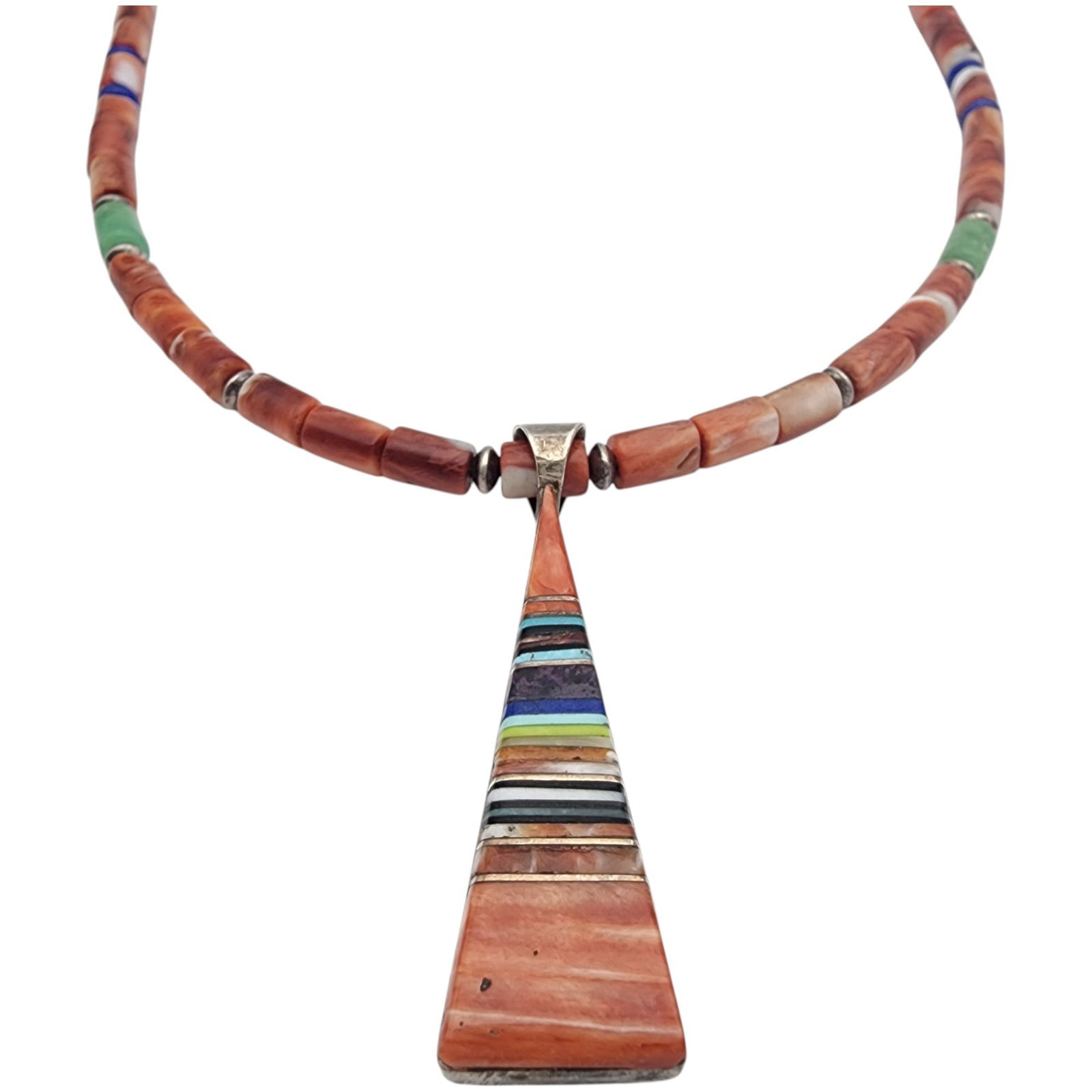 Gorgeous - Signed Zuni Sterling Multistone Mosaic Inlay Necklace: Gorgeous! Signed 'GLT Zuni NM' Sterling Multistone (spiny oyster, turquoise, charoite, lapis lazuli, gaspeite, shell, etc.) Mosaic Inlay Necklace | 17.5g