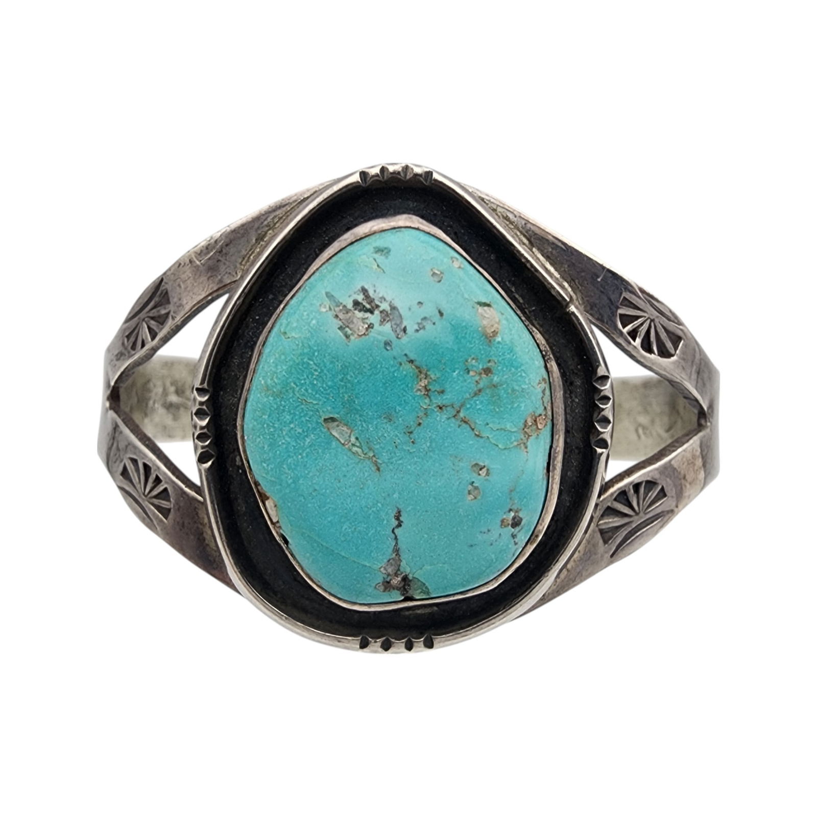 VIntage Navajo Sterling Turquoise Stamped Cuff Bracelet: VIntage Navajo Sterling Turquoise Stamped Cuff Bracelet | 29.7g, as is - chip in turquoise - see photo