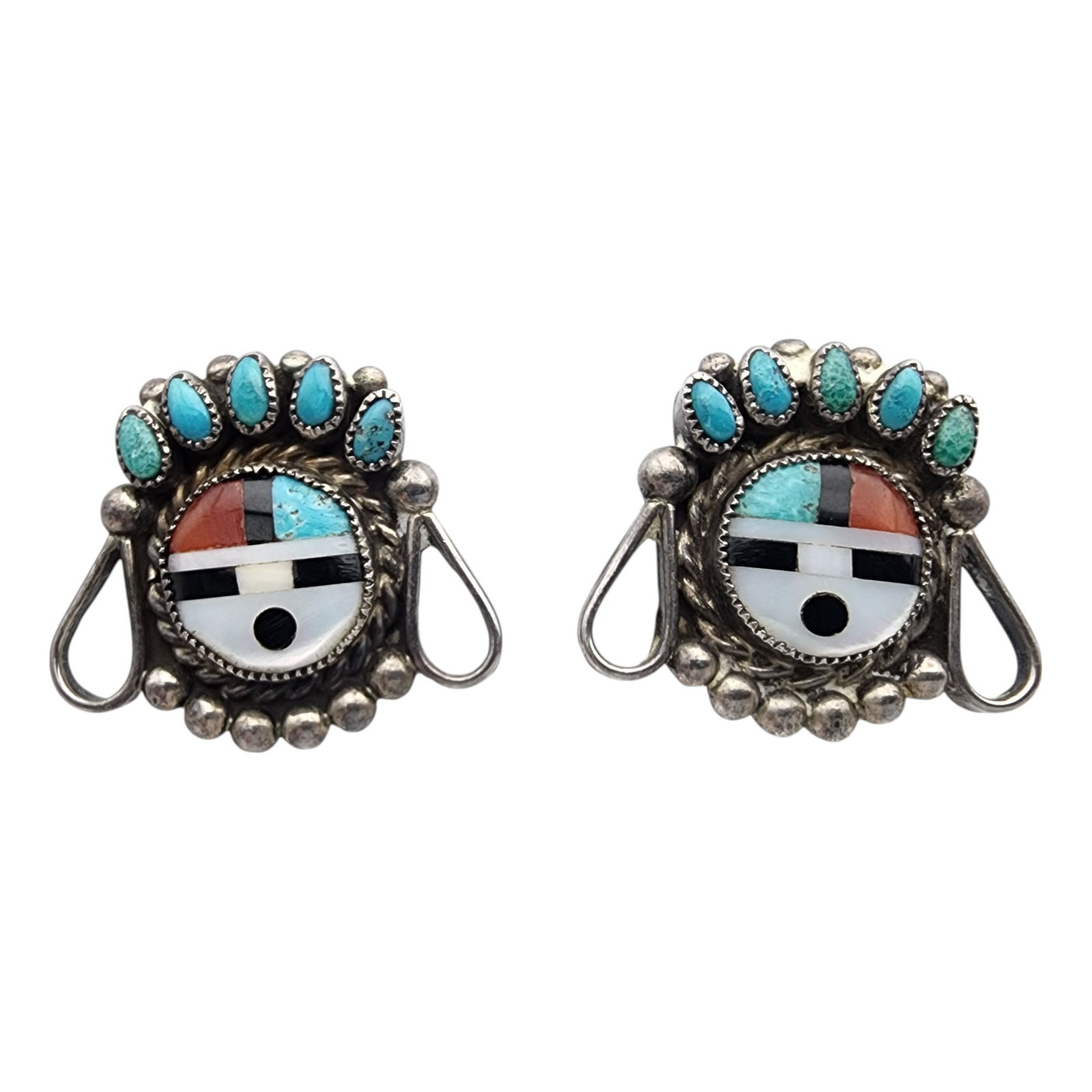 Vintage Zuni Sterling Multistone Inlay Sunface Earrings (1 of 3)