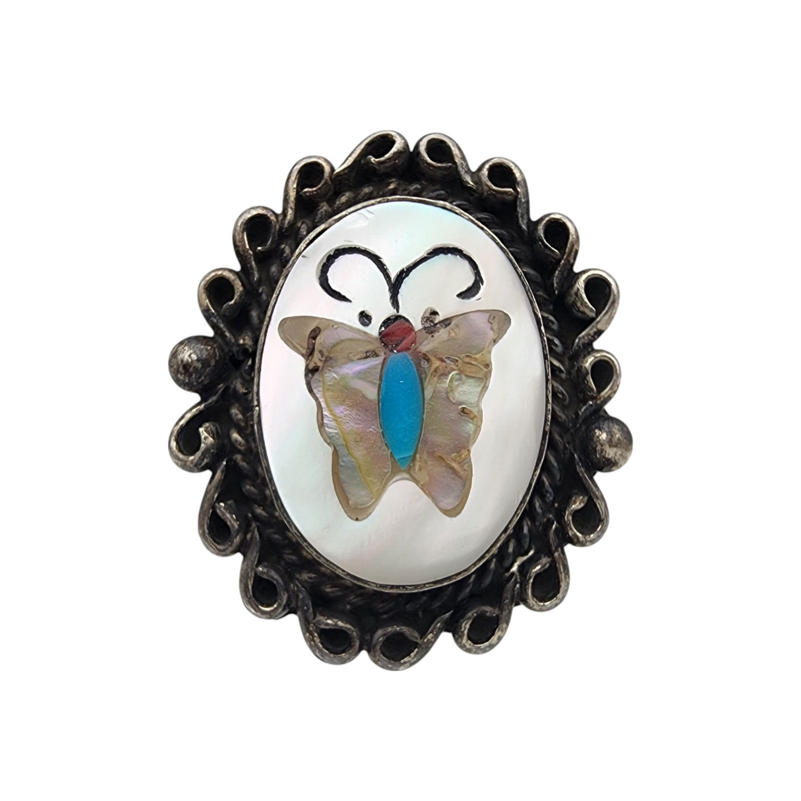 Signed Zuni Sterling Multistone Inlay Butterfly Ring Sz 6.5: Signed Zuni Sterling Multistone (Mother of pearl, abalone, coral, turquoise, etc.) Inlay Butterfly Ring Sz 6.5 | 6.6g