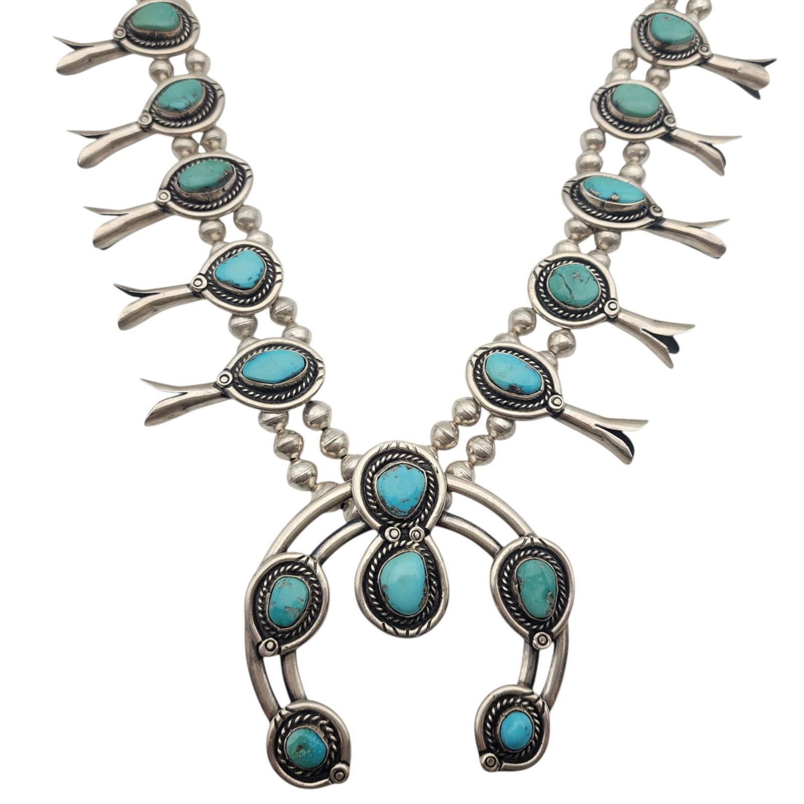 Vintage Navajo Sterling Turquoise Squash Blossom Necklace (1 of 12)