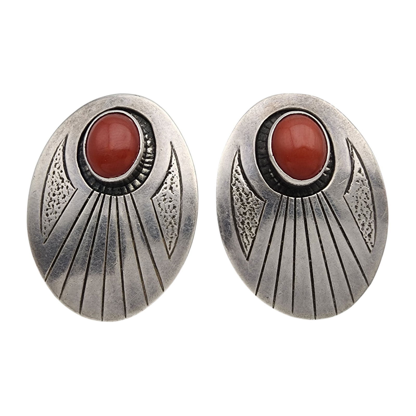 Vintage Navajo Sterling Coral Concho Earrings: Vintage Navajo Sterling Coral Concho Earrings | 11.7g