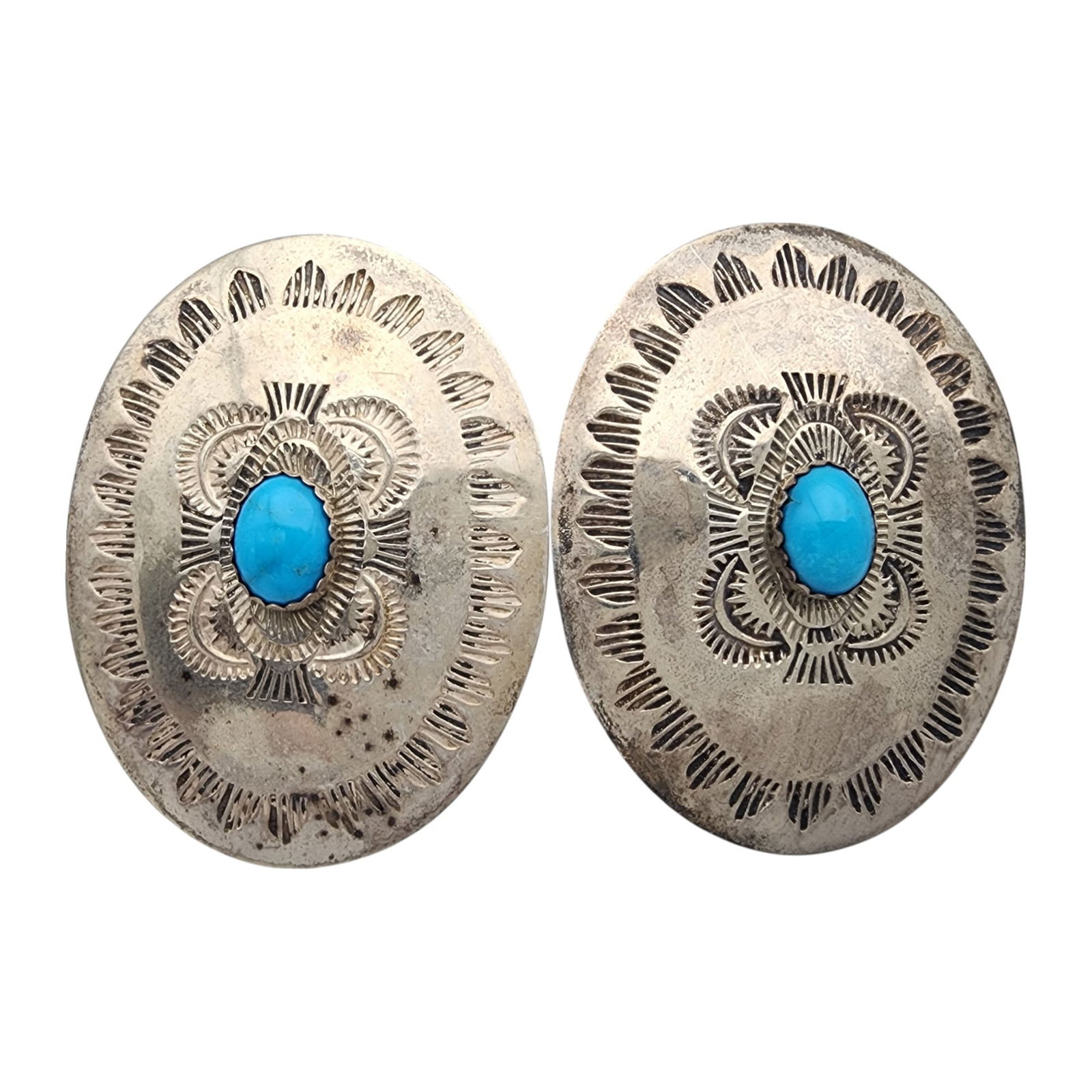 Vintage Navajo Sterling Turquoise Stamped Concho Earrings: Vintage Navajo Sterling Turquoise Stamped Concho Earrings | 13.2g