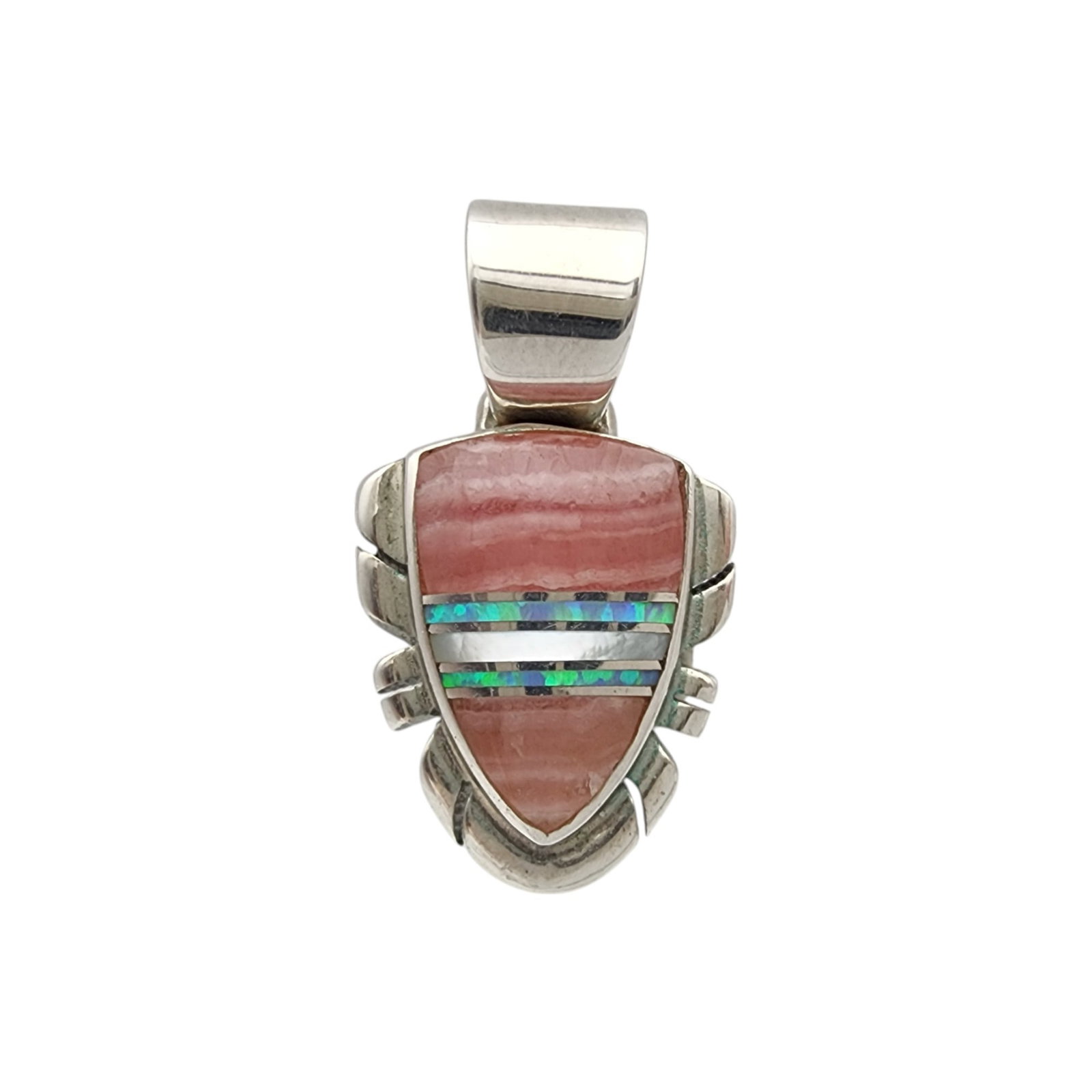 Albert Francisco Navajo Sterling Multistone Inlay Pendant: Albert Francisco Navajo Sterling Multistone (Rhodochrosite, Opal, Mother of Pearl) Inlay Pendant | 2.9g
