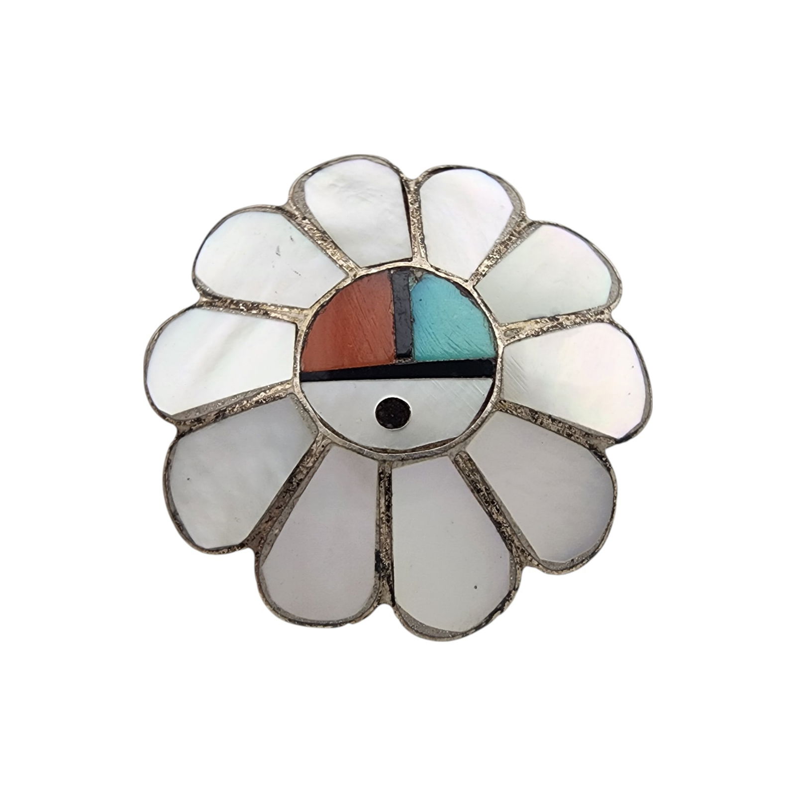 Vintage Zuni Sterling Multistone Inlay Sunface Tie Tack Pin: Vintage Zuni Sterling Multistone (Mother of pearl, coral, jet/onyx, turquoise) Inlay Sunface Tie Tack Pin | 4.3g