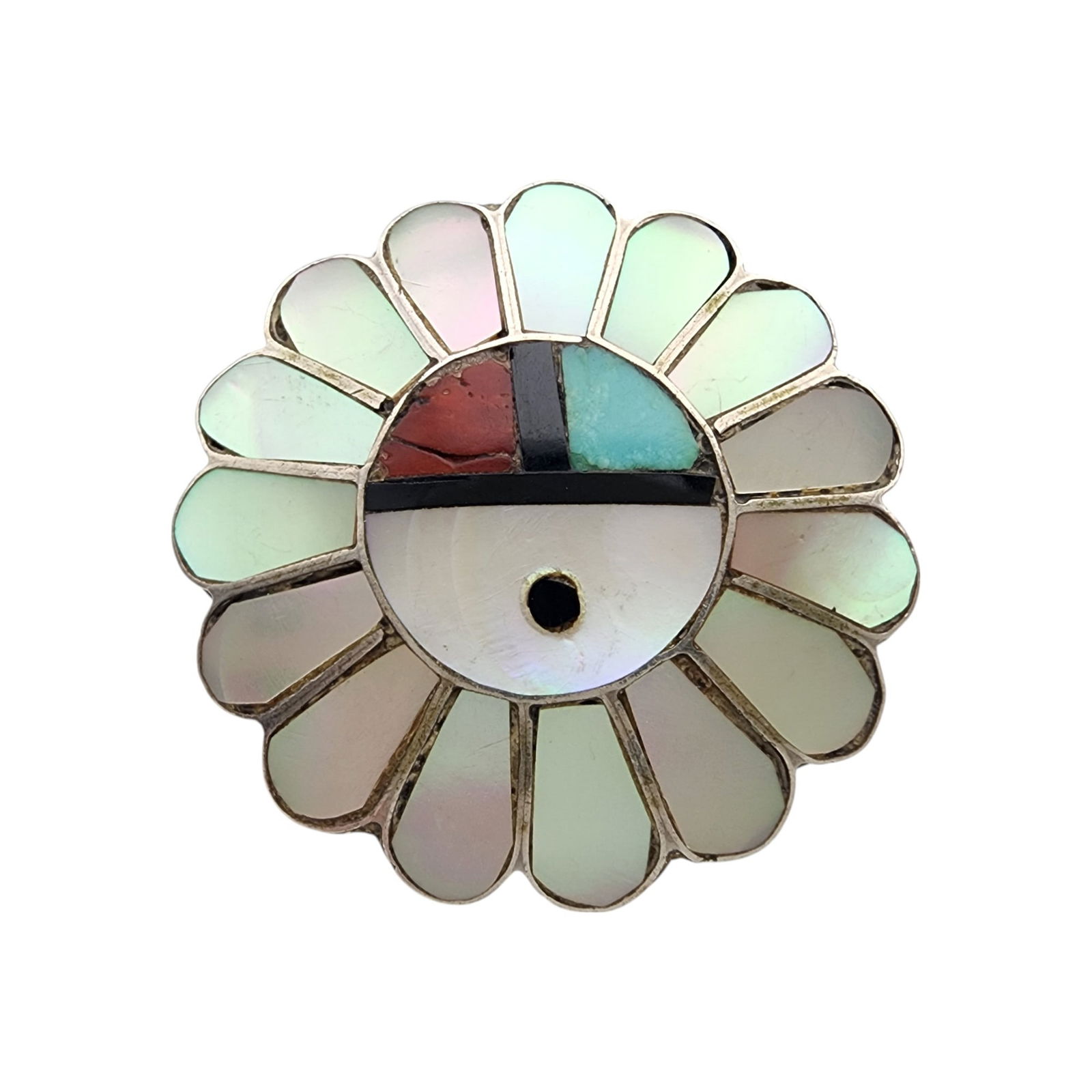 Vintage Zuni Sterling Multistone Inlay Sunface Ring Sz 4.5: Vintage Zuni Sterling Multistone (Mother of pearl, coral, jet/onyx, turquoise) Inlay Sunface Ring SZ 4.5 | 4.3g | Notes: crack in coral, see photos