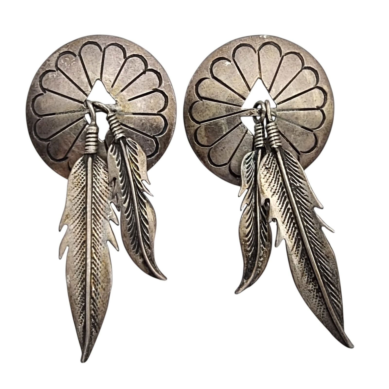 Vintage Navajo Sterling Stamped Concho Feather Dangle Earrings (1 of 4)