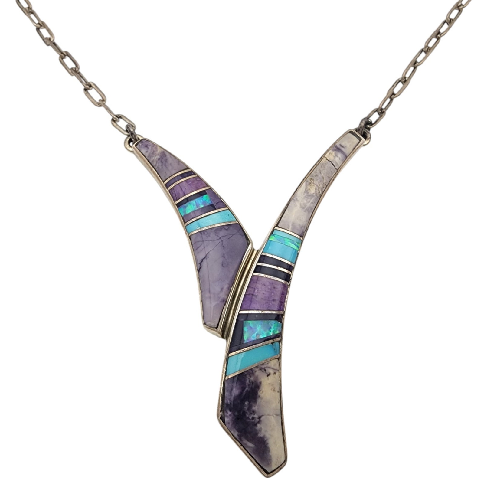 Kenneth Bitsie Navajo Sterling Multistone Inlay Necklace: Kenneth Bitsie Navajo Sterling Multistone (Turquoise, opal, charoite/sugilite?/purple spiny oyster?) Inlay Necklace | 13.6g