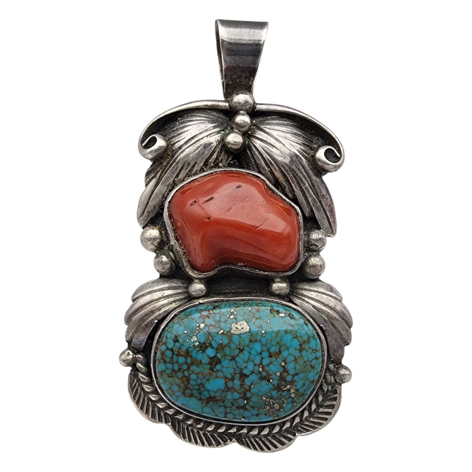 Signed Navajo Sterling Turquoise Coral Pendant: Pictomark Signed Navajo Sterling Turquoise Coral Pendant | 12.6g