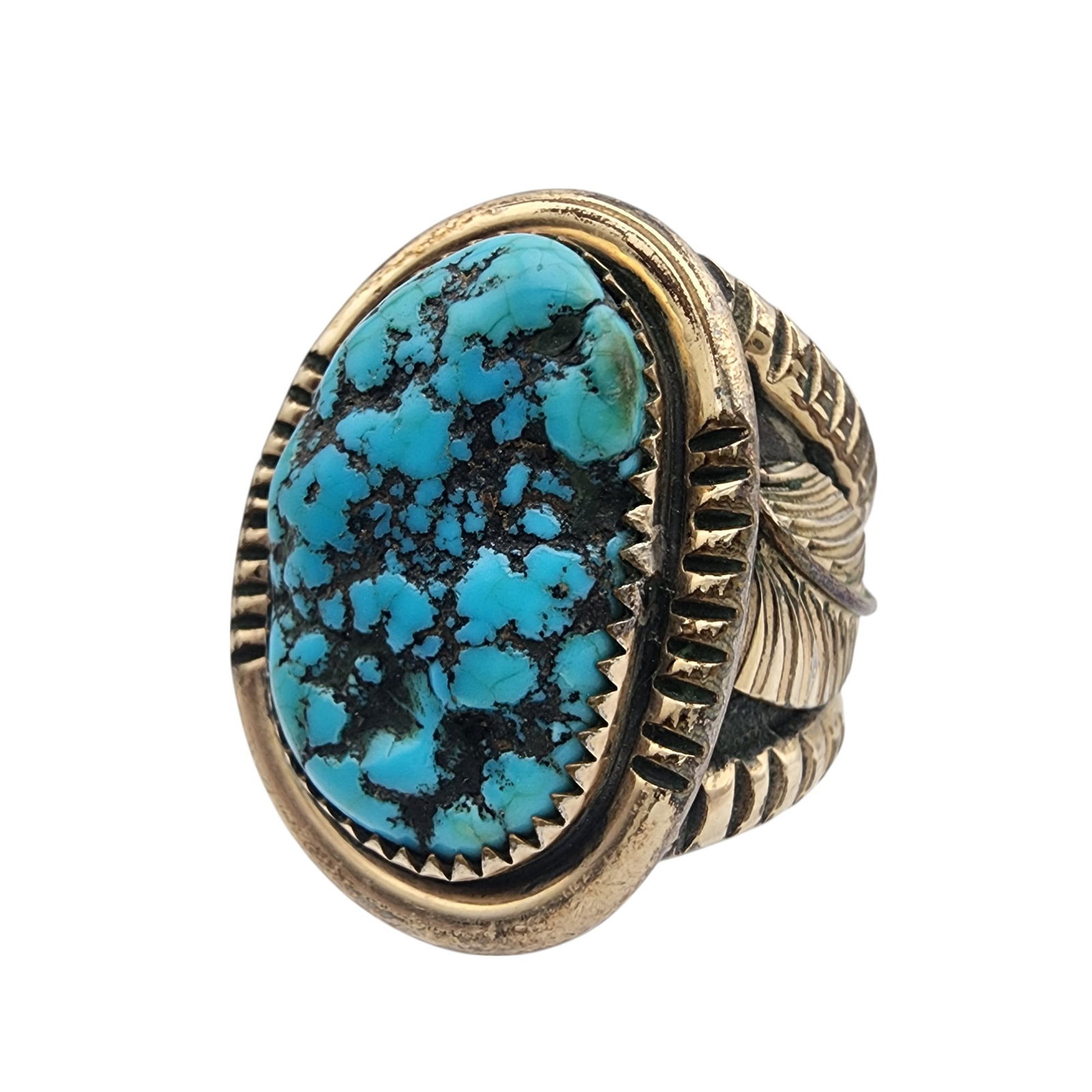 Vintage Navajo Sterling Turquoise Chunk Men's Ring Sz 11: Huge Vintage Navajo Sterling and Goldfill Turquoise Chunk Men's Ring Sz 11 | 20.2g