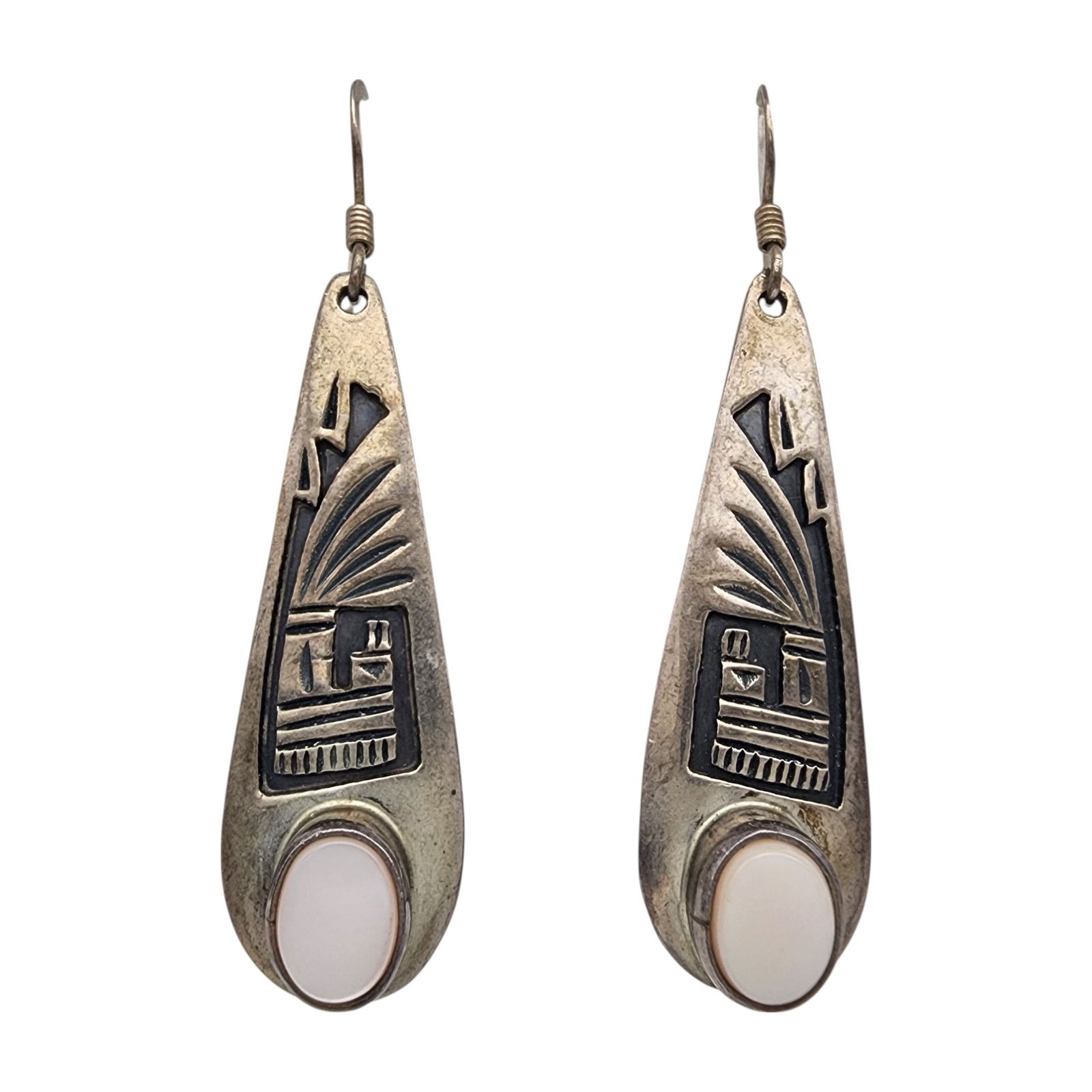 Signed Navajo Sterling Mother of Pearl Overlay Earrings: Signed CL Navajo Sterling Mother of Pearl Overlay Earrings | 8.1g