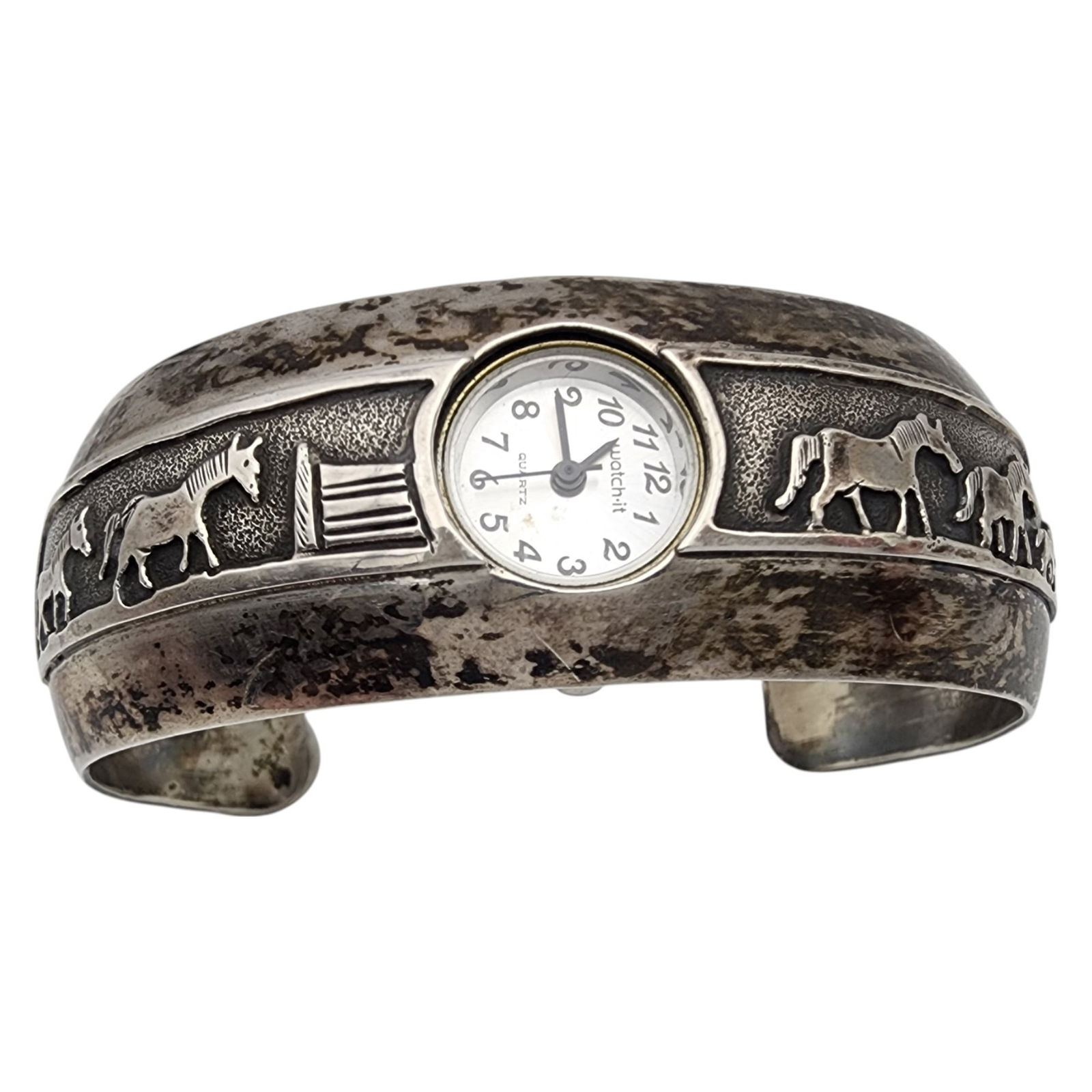 Leander Nezzie Navajo Sterling Storyteller Horse Watch Cuff Bracelet: Leander Nezzie Navajo Sterling Storyteller Horse Stamped Watch Cuff Bracelet | 42.9g