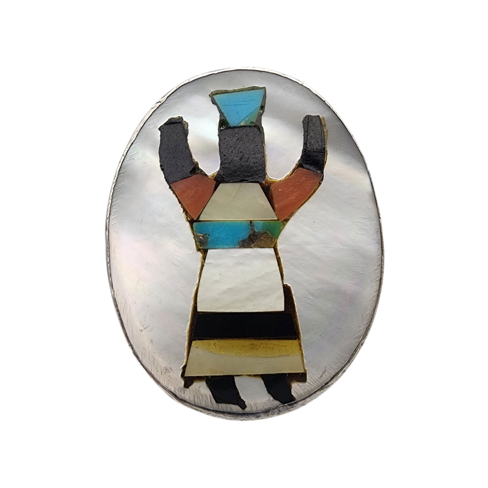 Vintage Navajo Sterling Multistone Inlay Gaan Dancer Ring Sz 11.5: Vintage Navajo Sterling Multistone (Mother of pearl, turquoise, coral, shell, jet/onyx, etc.) Inlay Gaan Dancer Ring Sz 11.5 | 28.4g