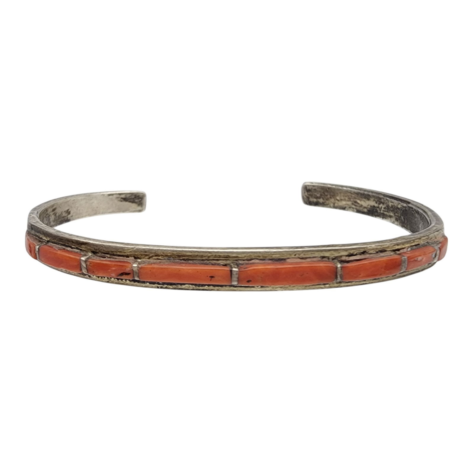 Vintage Zuni Sterling Raised Coral Inlay Cuff Bracelet: Vintage Zuni Sterling Raised Coral Inlay Cuff Bracelet | 12.1g