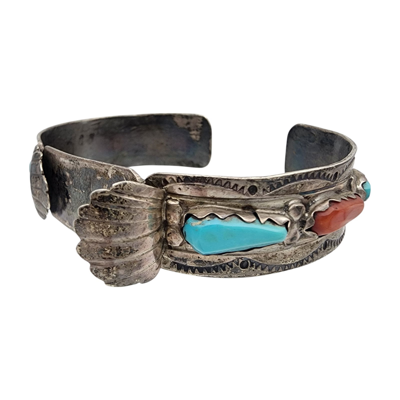 Bill & Nettie Nastacio Zuni Sterling Turquoise and Coral Watch Cuff Bracelet: Bill & Nettie Nastacio Zuni Sterling Turquoise and Coral Stamped Watch Cuff Bracelet | 18.4g | Notes: as is, one of the silver watch holder pieces is broken, will need resoldered, see photos.
