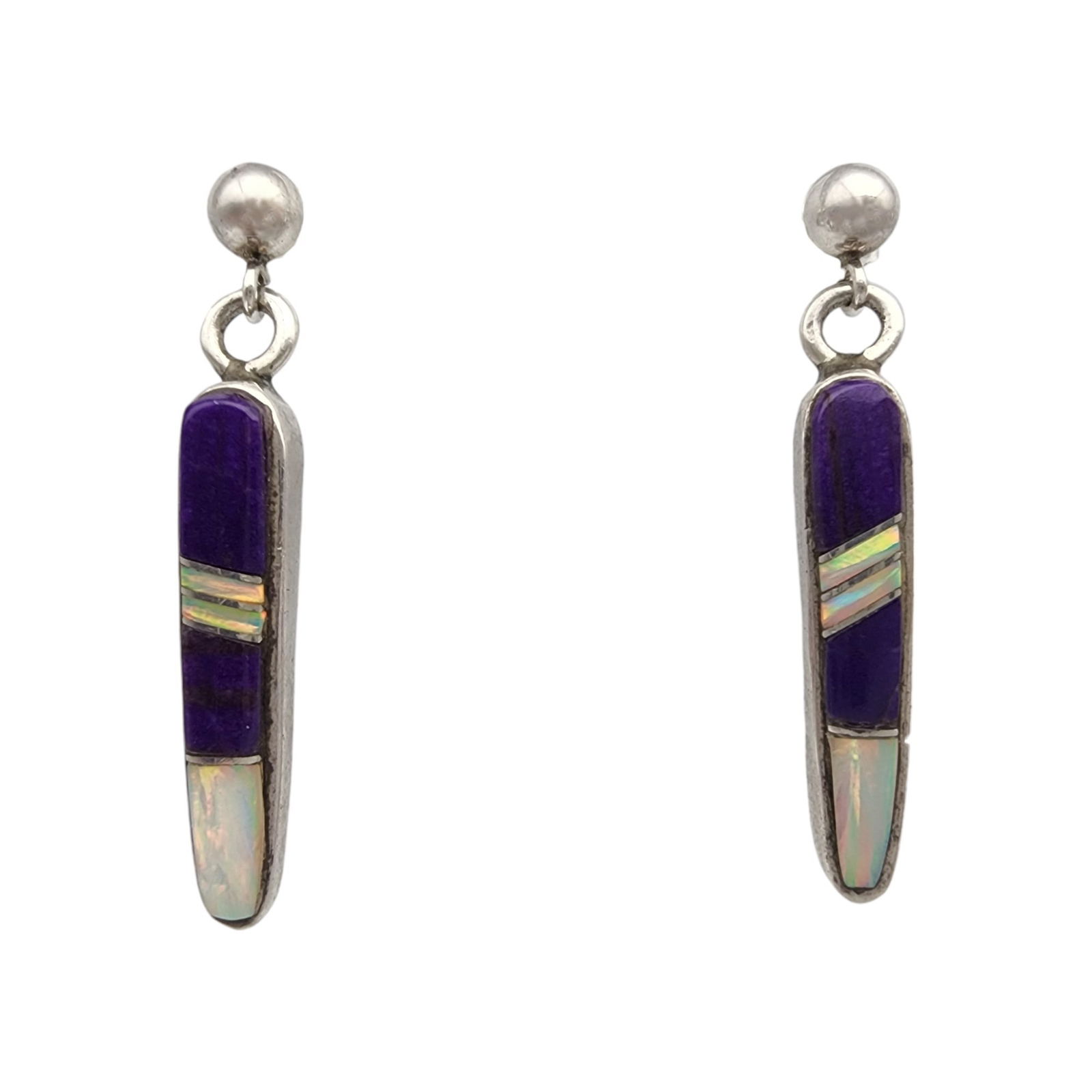Ervin Hoskie Navajo Sterling Sugilite Opal Inlay Dangle Earrings: Ervin Hoskie Navajo Sterling Sugilite & Opal Inlay Dangle Earrings | 3.3g
