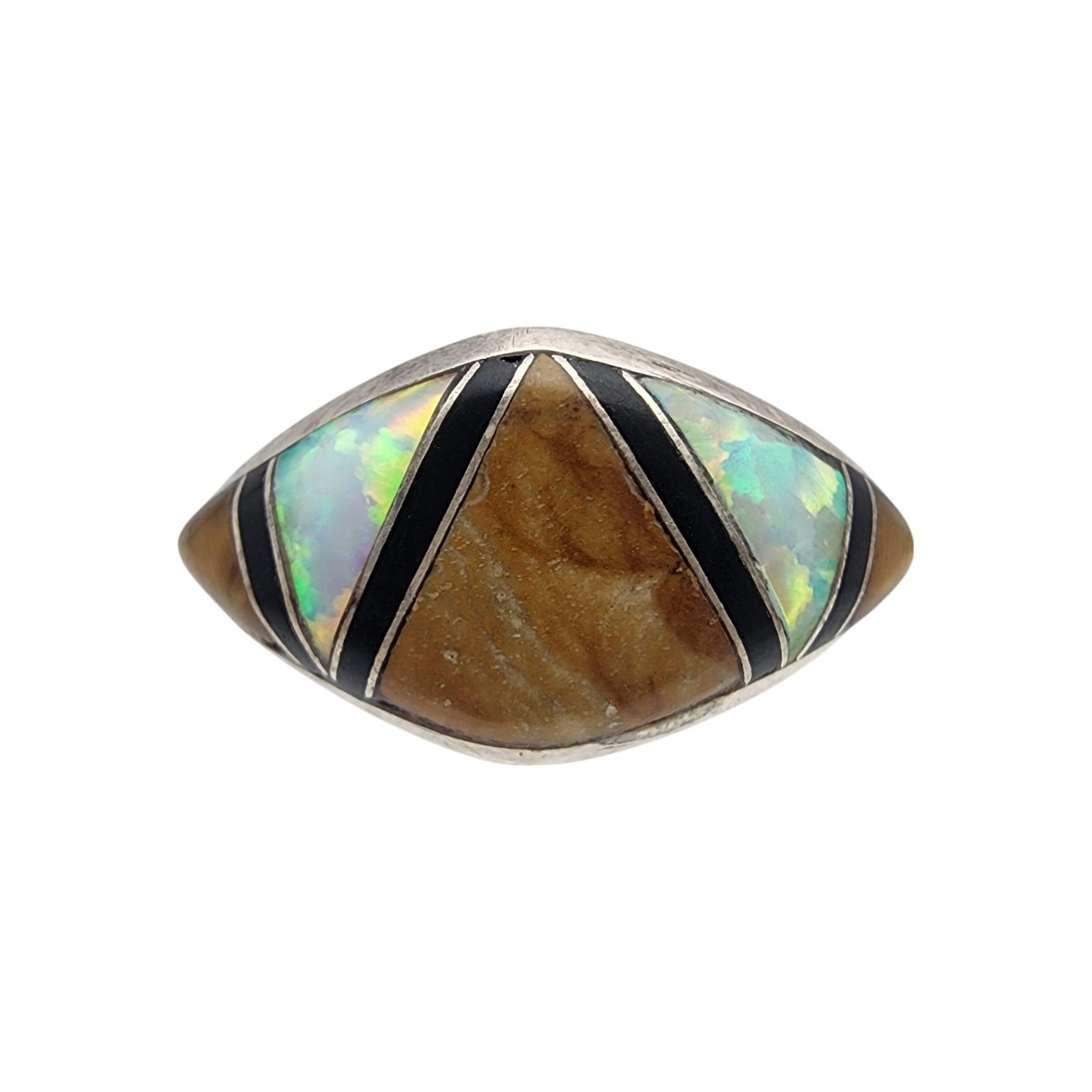 Johnson Yazzie Navajo Sterling Multistone Inlay Ring Sz 9: Johnson Yazzie Navajo Sterling Multistone (Tigers Eye, Opal, Jet/Onyx) Inlay Ring Sz 9 | 1.8g