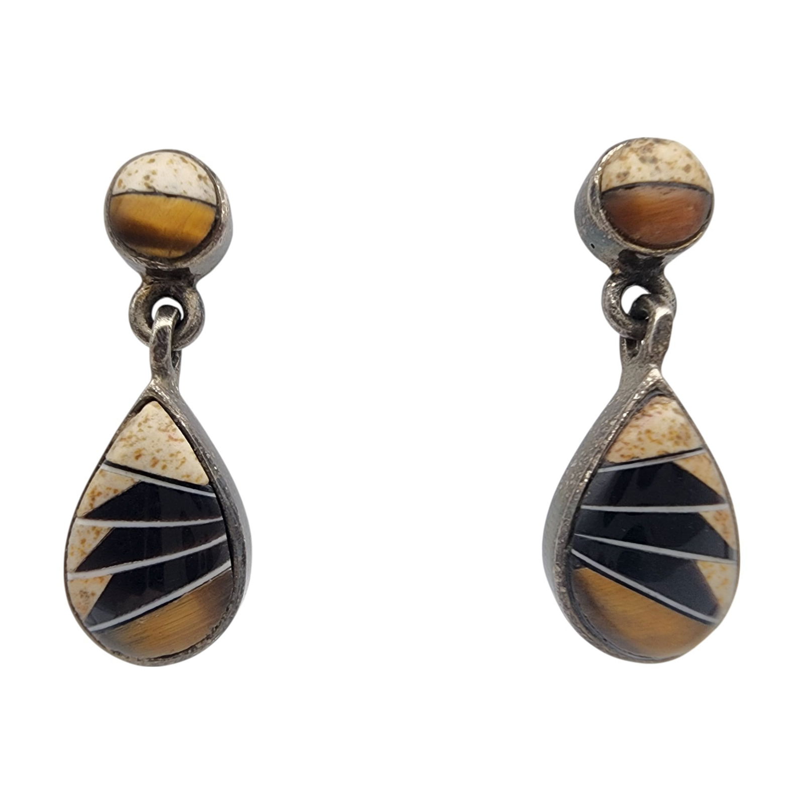 Navajo Sterling Multistone Inlay Dangle Earrings: Navajo Sterling Multistone (Tigers Eye, Shell, Jasper, Jet/Onyx) Inlay Dangle Earrings | 5.2g