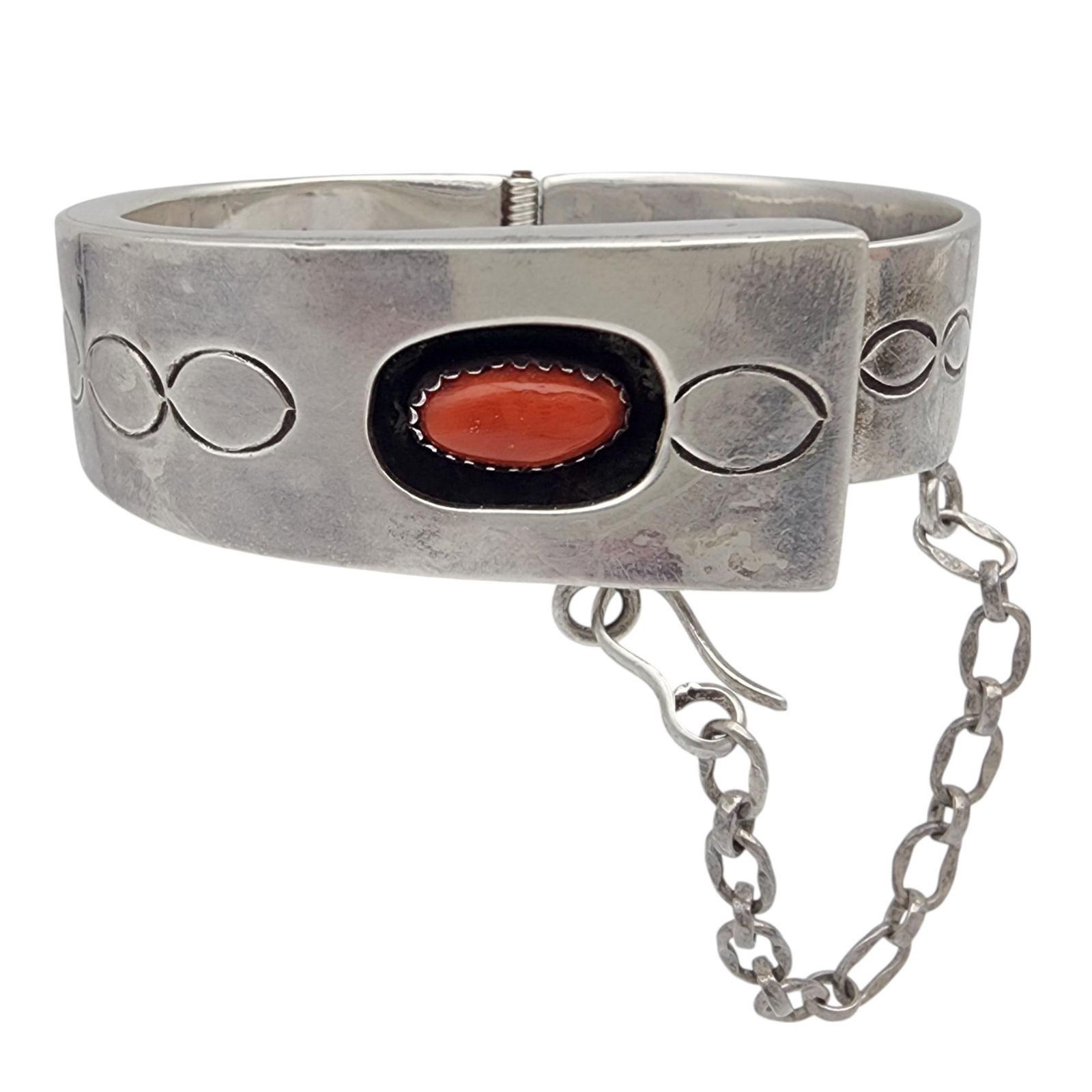 Unique Navajo Sterling Coral Shadow Box Stamped Hinge Bracelet: Unique Design - Navajo Sterling Coral Shadow Box Stamped Hinge Bracelet | 57.8g