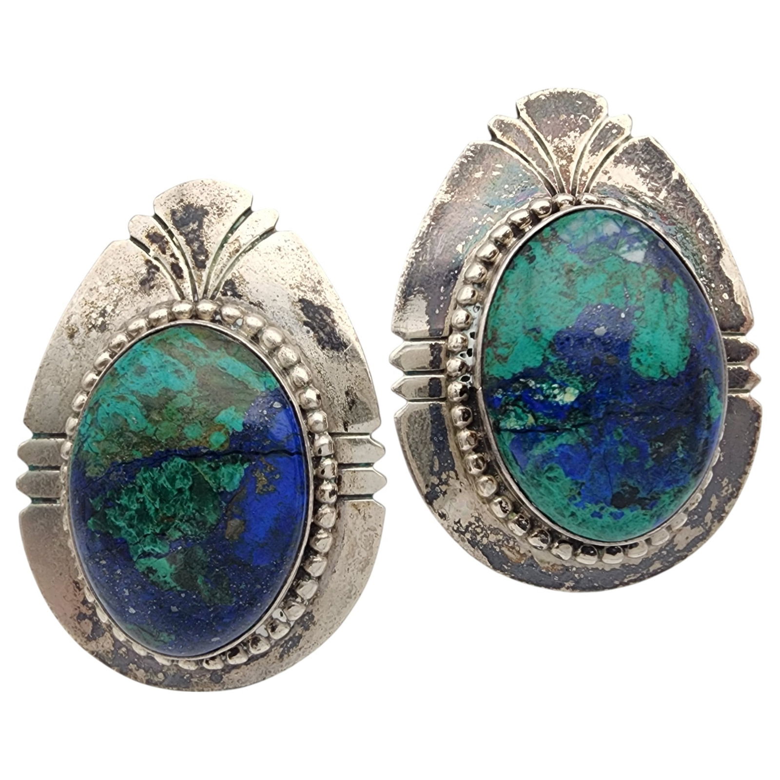 Vintage Navajo Sterling Azurite Malachite Concho Earrings: Large Vintage Navajo Sterling Azurite Malachite Concho Earrings 28g