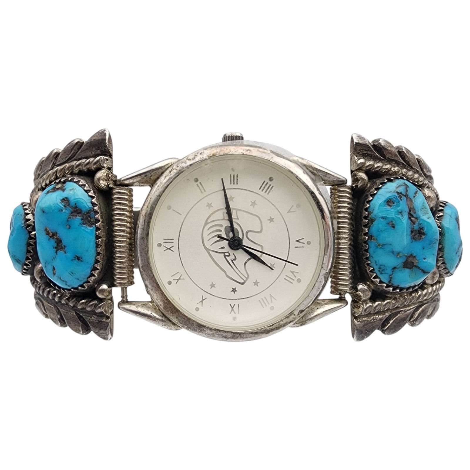 Vintage Robert and Bernice Leekya Zuni Sterling Turquoise Chunk Watch Tips & Watch (1 of 11)