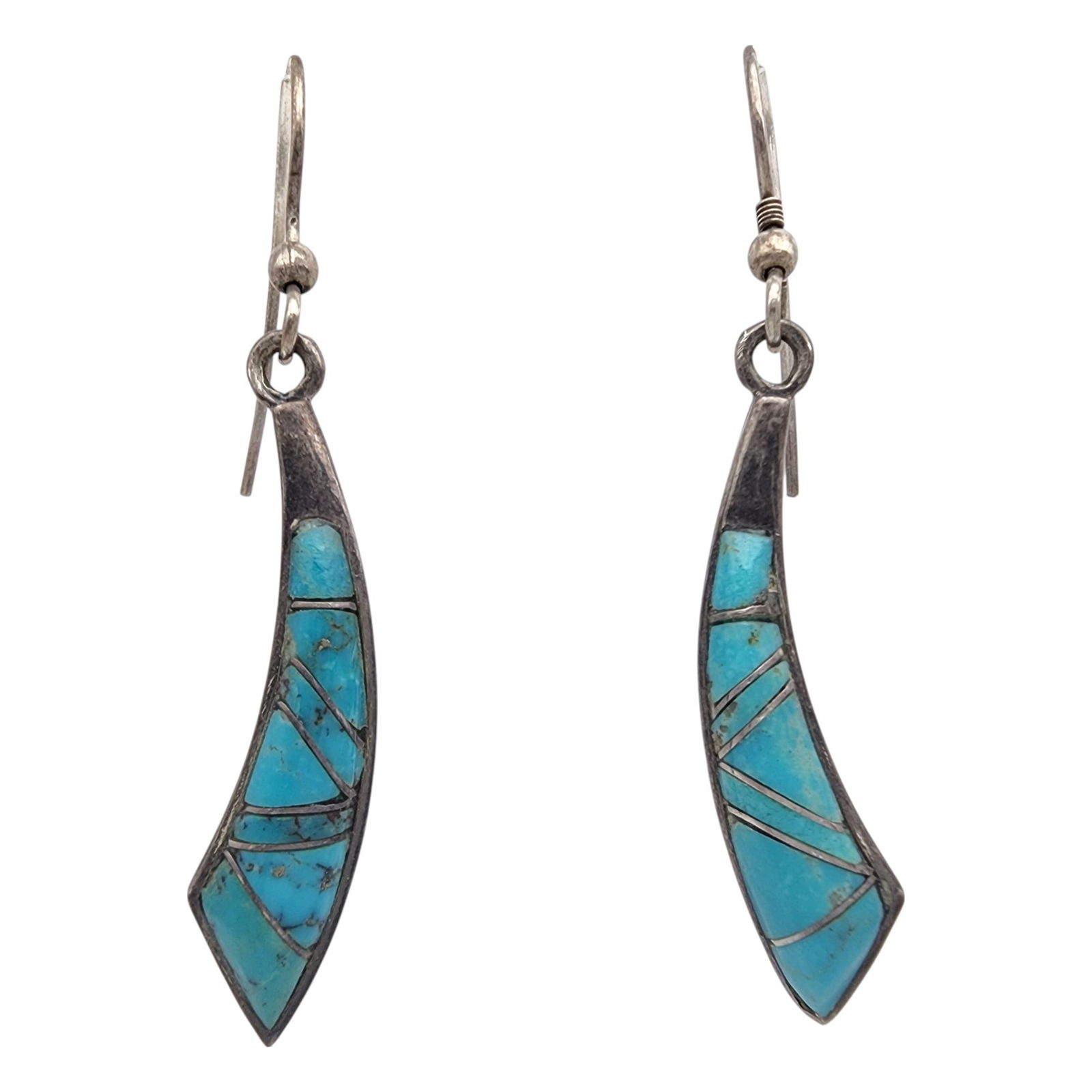 Signed Navajo Sterling Turquoise Inlay Earrings: Pictomark Signed Navajo/Zuni Sterling Turquoise Inlay Earrings 5g