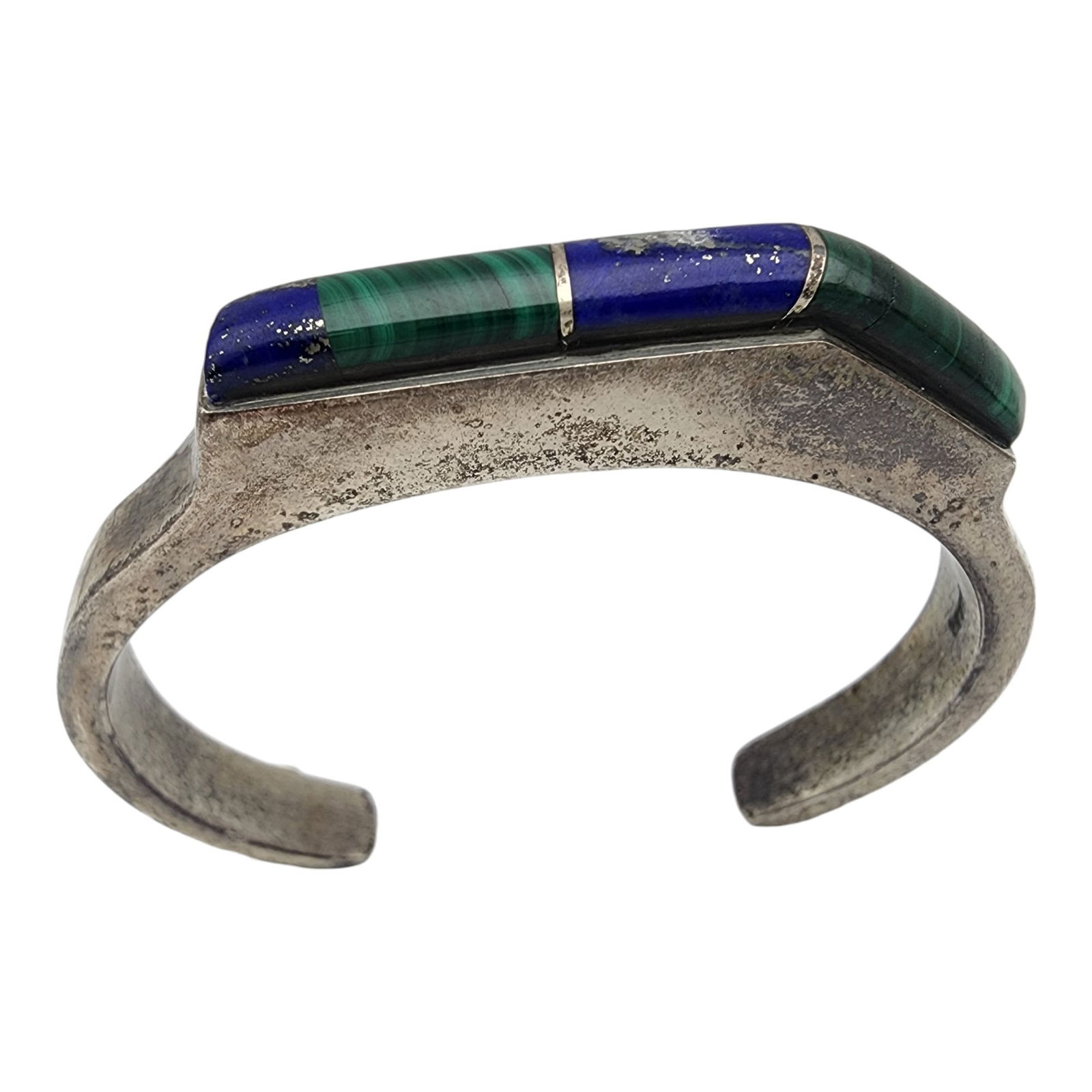 Vintage Navajo Sterling Multistone Inlay Cuff Bracelet: Vintage Navajo Sterling Contemporary Multistone - Malachite, Lapis Lazuli - Inlay Cuff Bracelet | 40.9g