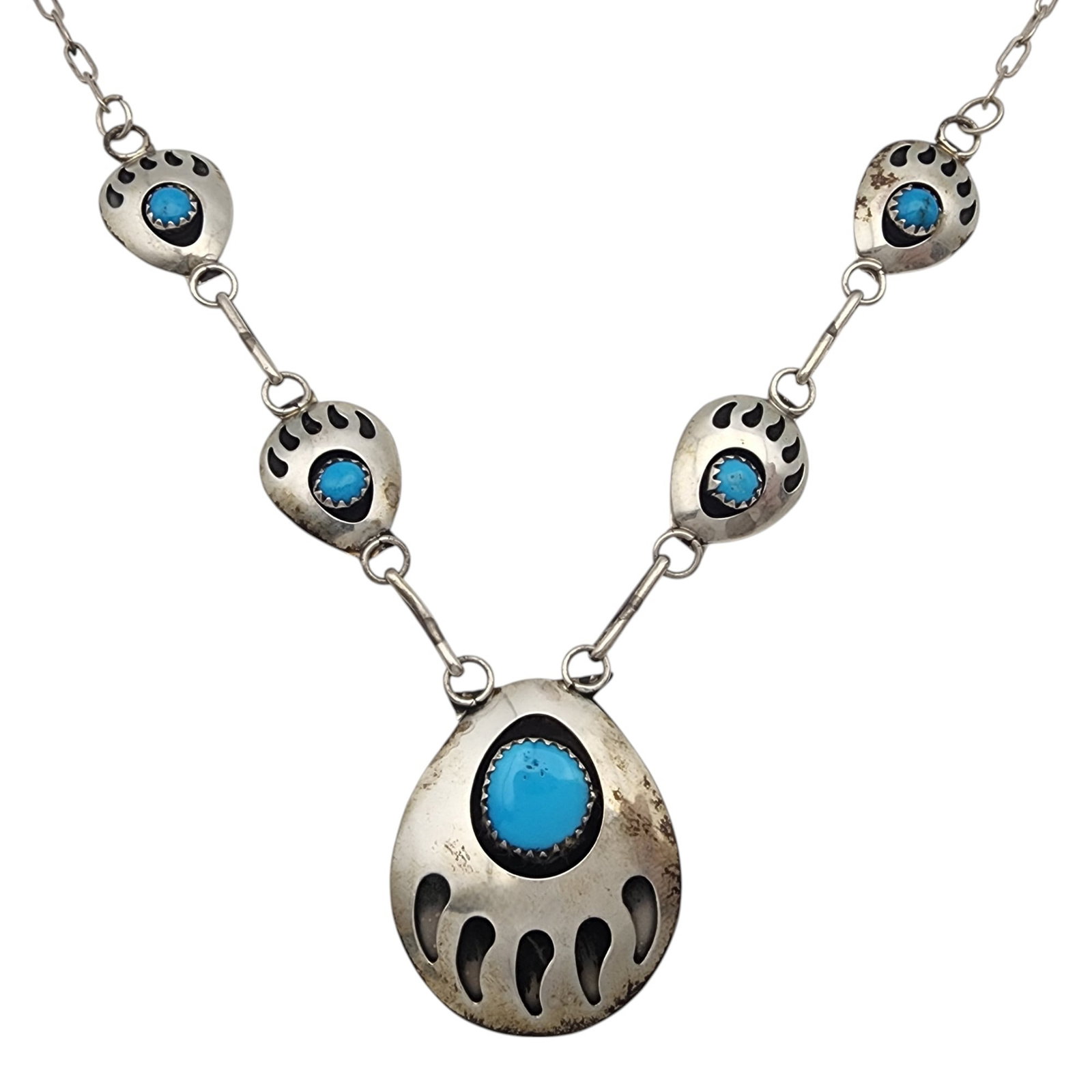 Navajo Sterling Turquoise Bear Paw Necklace: Navajo Sterling Turquoise Bear Paw Necklace | 12.2g
