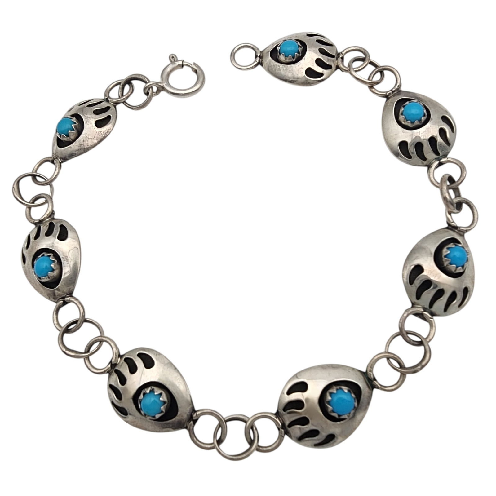 Navajo Sterling Turquoise Bear Paw Bracelet: Signed JS Navajo or Southwest Sterling Turquoise Bear Paw Bracelet | 5.2g