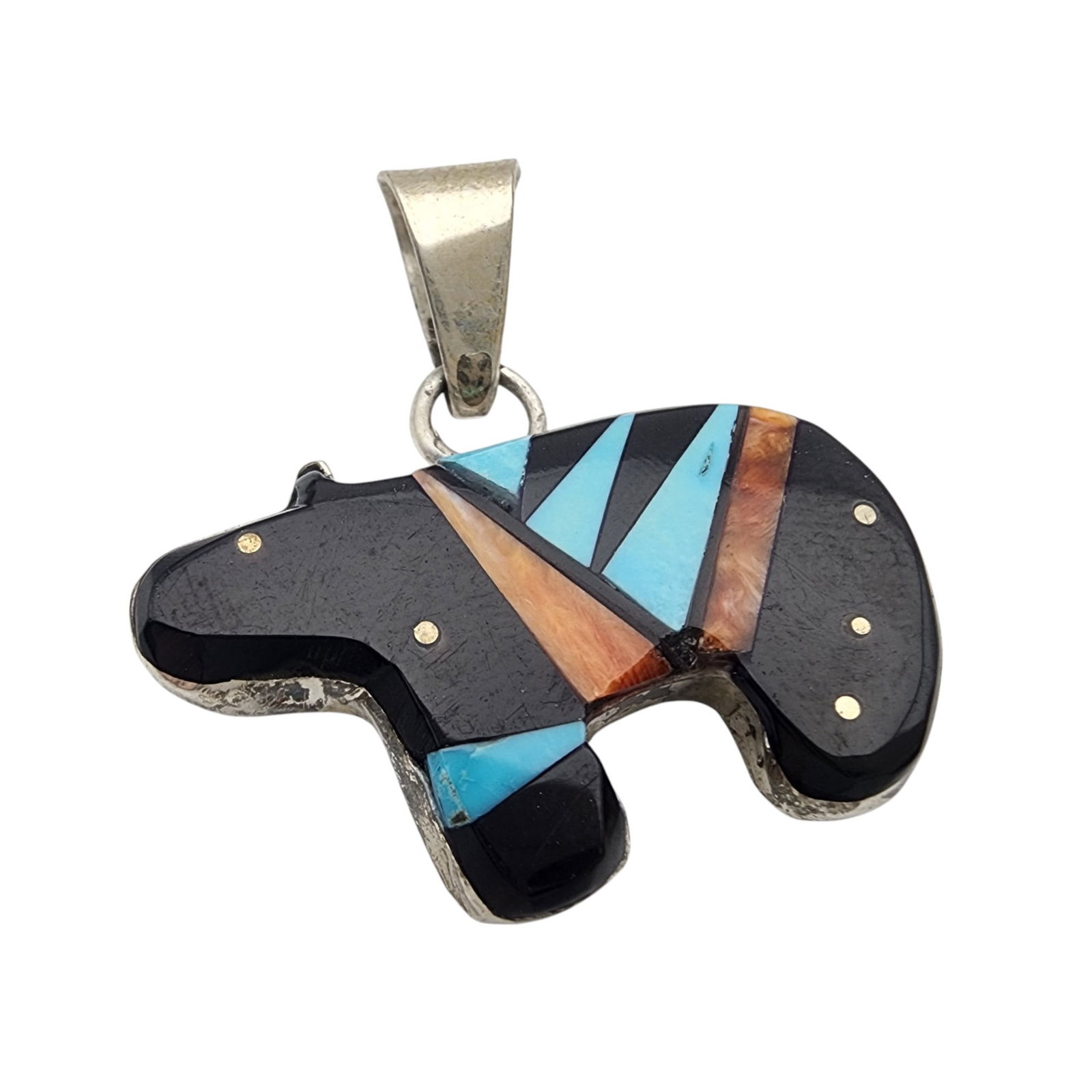 Gilbert Smith Navajo Sterling Multistone Inlay Bear Pendant: Gilbert Smith Navajo Sterling Multistone (Jet/onyx, Turquoise, Spiny Oyster) Inlay Bear Pendant | 4.8g