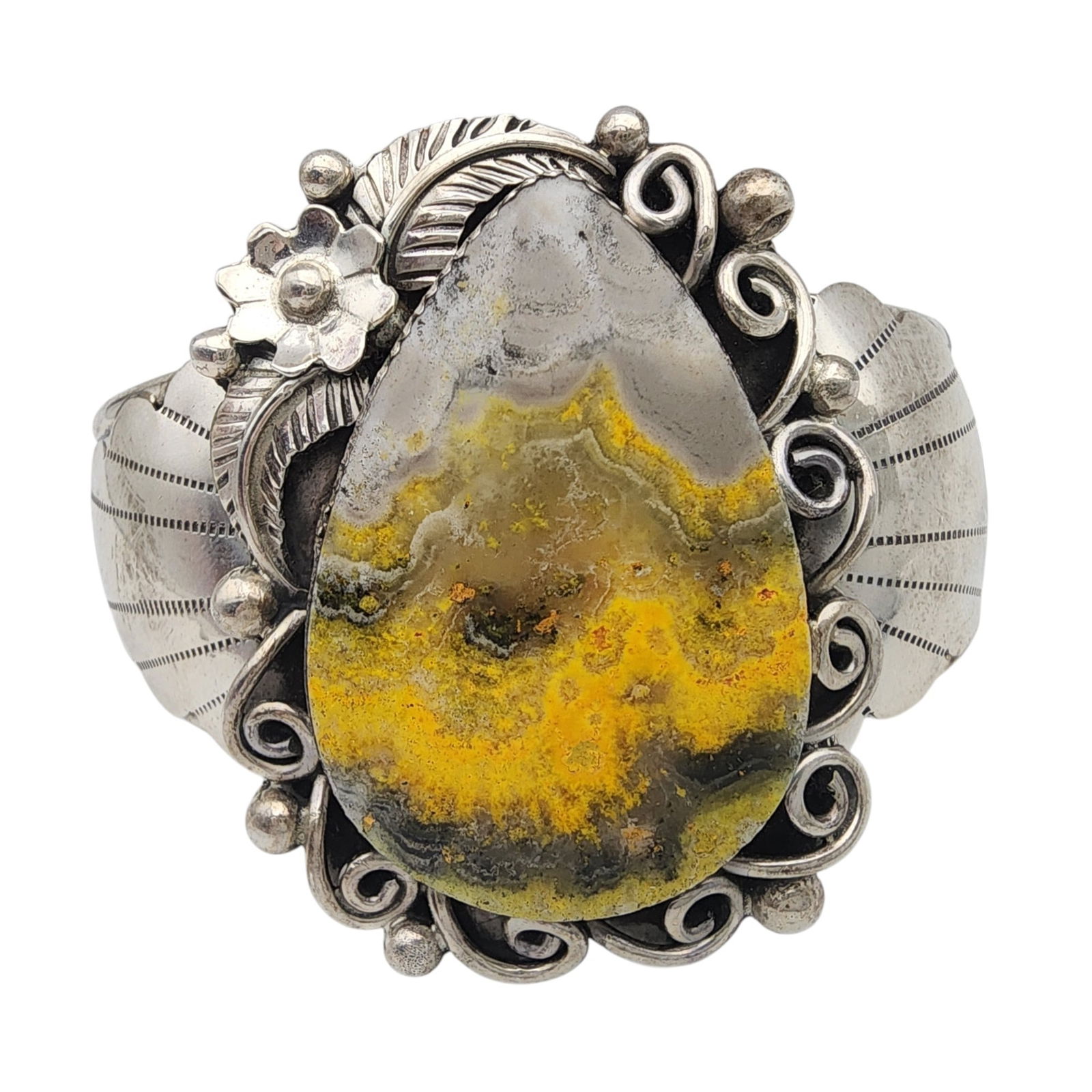 Signed Navajo Sterling Bumblebee Jasper Cuff Bracelet: Signed Navajo Sterling Bumblebee Jasper Cuff Bracelet | 46.1g
