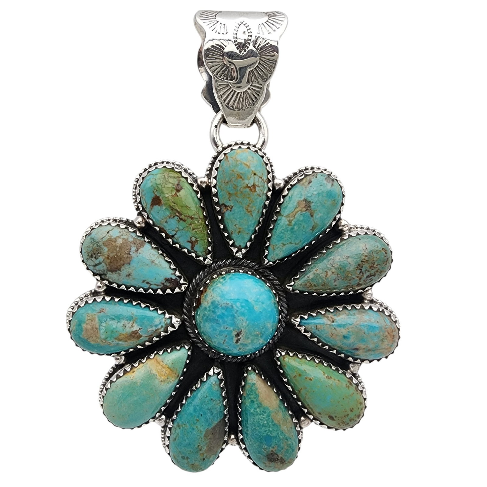 Huge! Signed Zia Sterling Turquoise Cluster Pendant: Huge! Signed Zia Southwest Sterling Turquoise Cluster Pendant | 36.1g