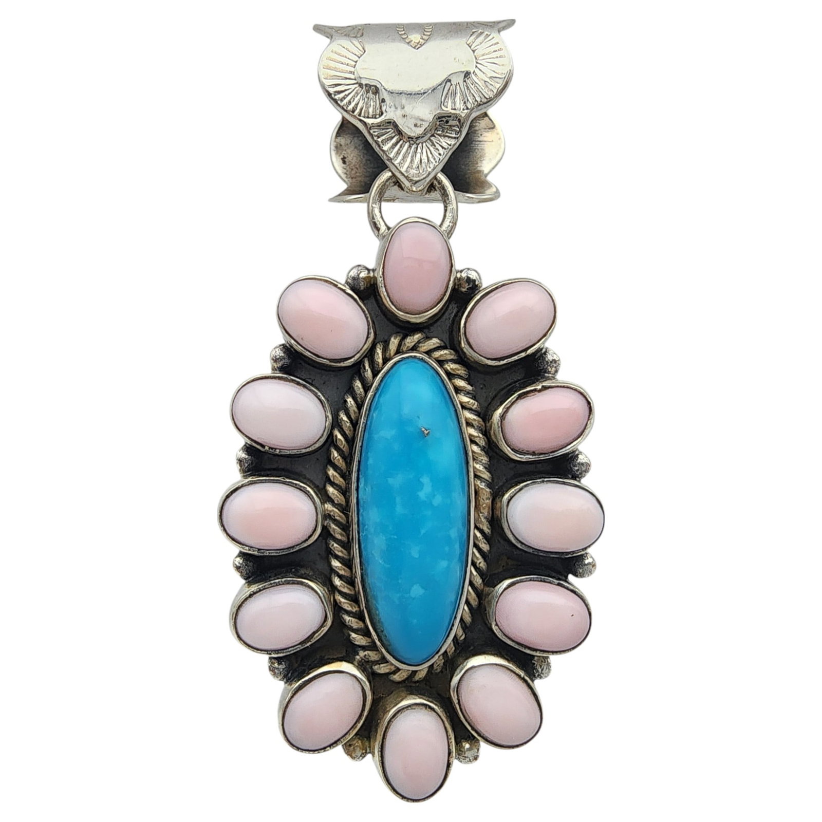 Southwest Sterling Pink Conch and Turquoise Cluster Stamped Pendant: Southwest Sterling Pink Conch and Turquoise Cluster Stamped Pendant 19.3g