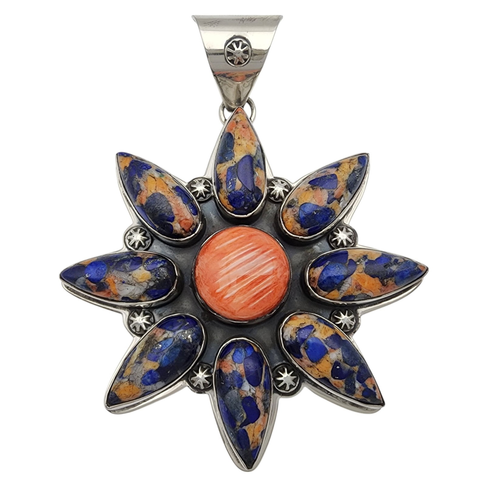 Huge! Zia Sterling Spiny Oyster Lapis Lazuli Cluster Pendant: Huge! Zia Southwest Sterling Spiny Oyster Lapis Lazuli Cluster Pendant | 56.6g