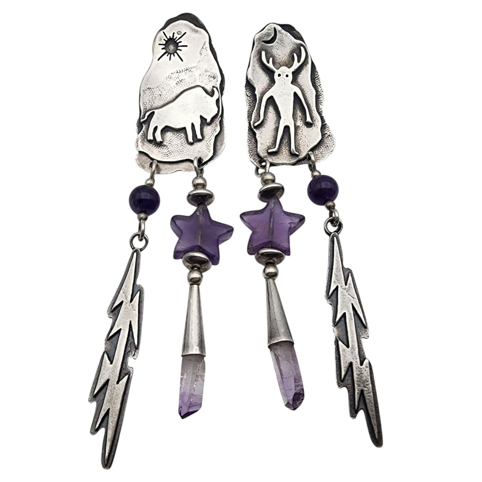 Signed Designer Southwest Sterling Amethyst Petroglyph Earrings: Gorgeous Signed 'Jean Duffy' Southwest Sterling and Amethyst Petroglyph and Lightning Bolt Dangle Earrings 17.2g