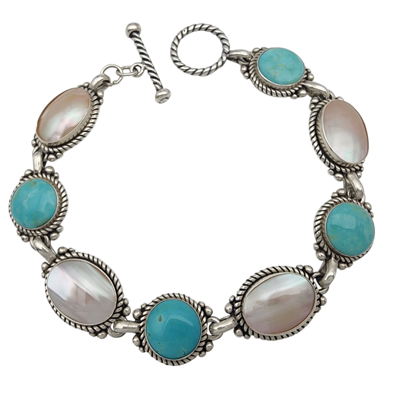 Carolyn Pollack Relios Sterling Multistone Good Fortune Bracelet: Carolyn Pollack Relios Sterling Turquoise and Mother of Pearl Good Fortune, Promise, and Purity Bracelet | 20.9g