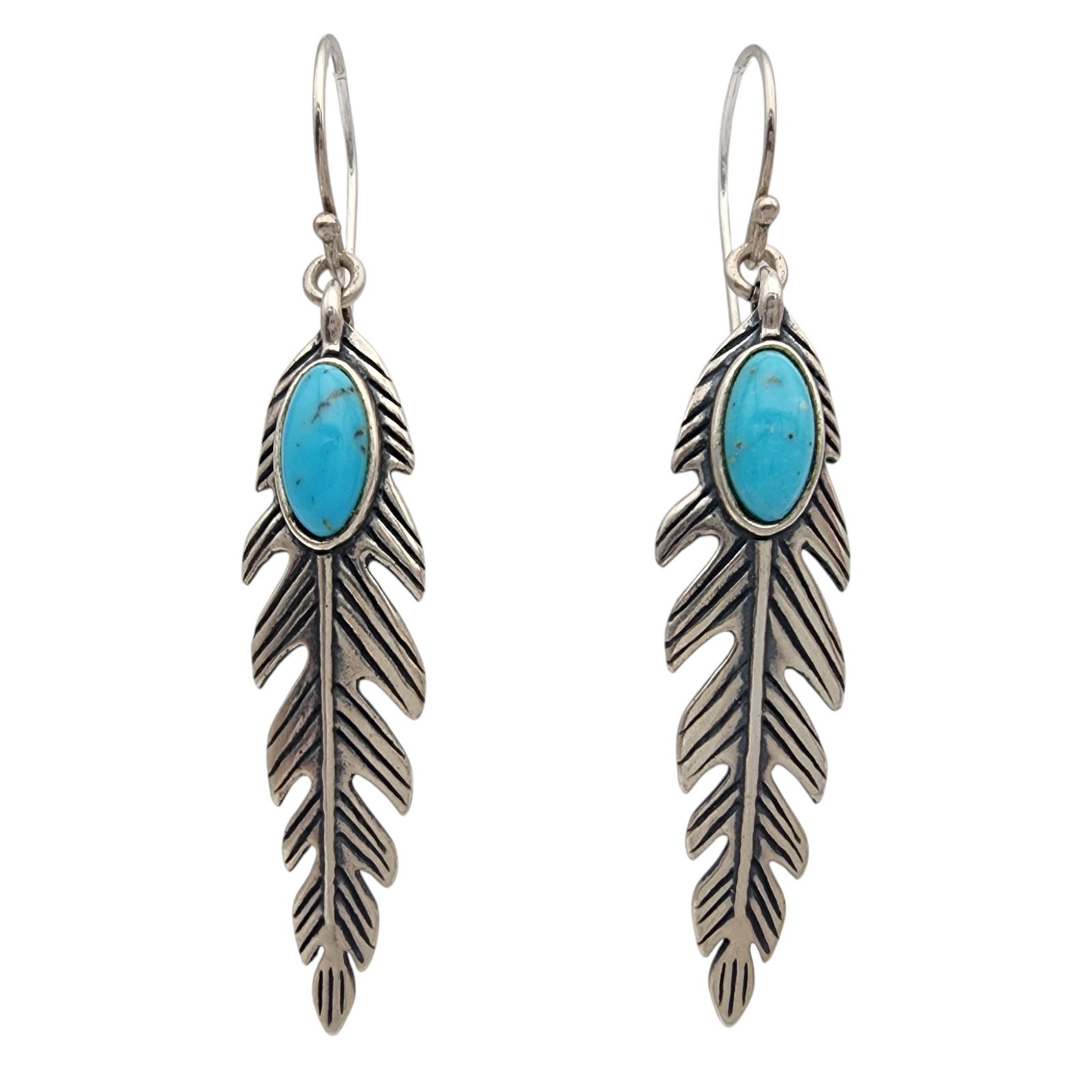 Signed Carolyn Pollack Relios Sterling Turquoise Feather Dangle Earrings: Signed AW & Carolyn Pollack Relios Sterling Turquoise Feather Earrings | 7g