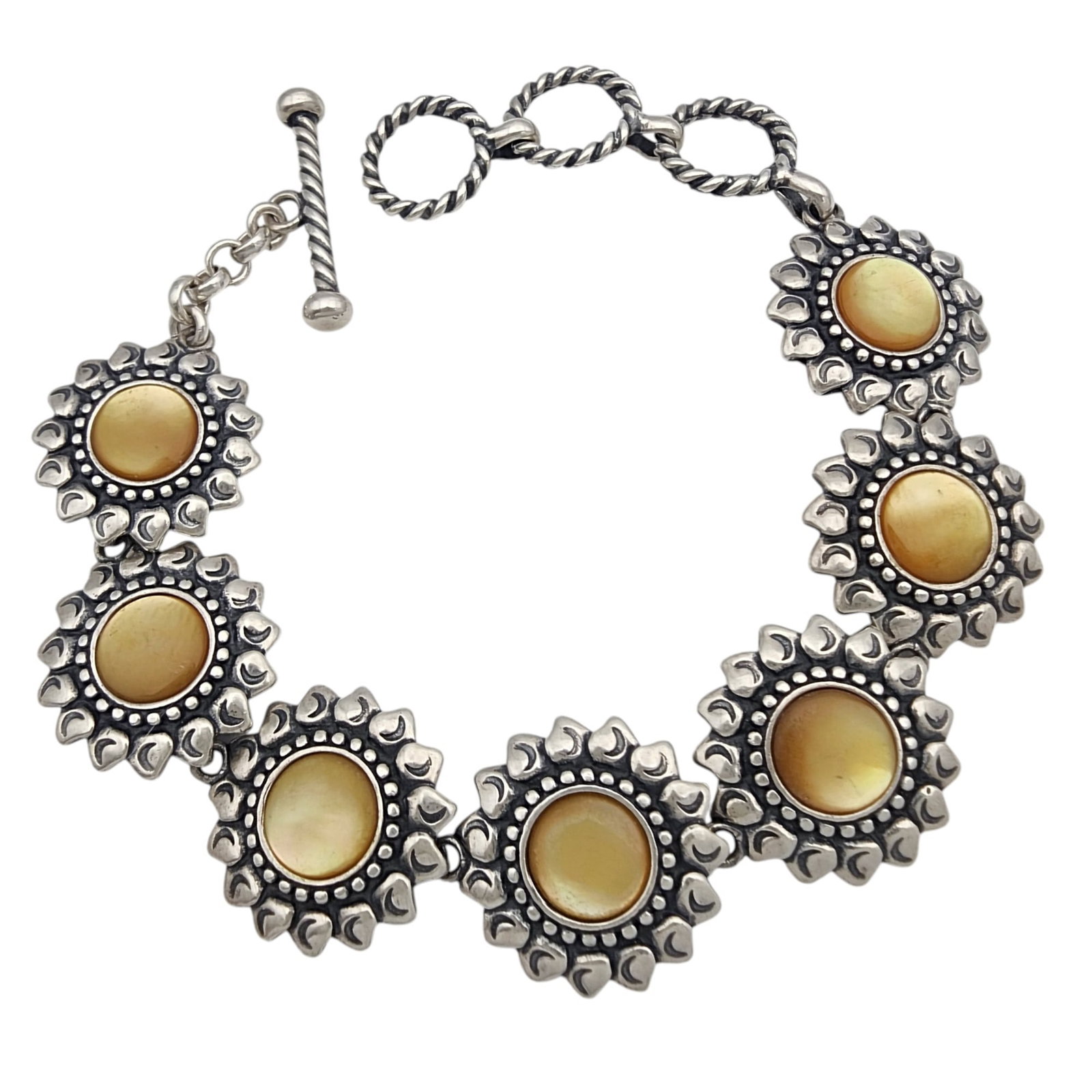 Carolyn Pollack Relios Sterling Mother of Pearl Sunflower Bracelet: Carolyn Pollack Relios Sterling Yellow Mother of Pearl Sunflower Bracelet 28g